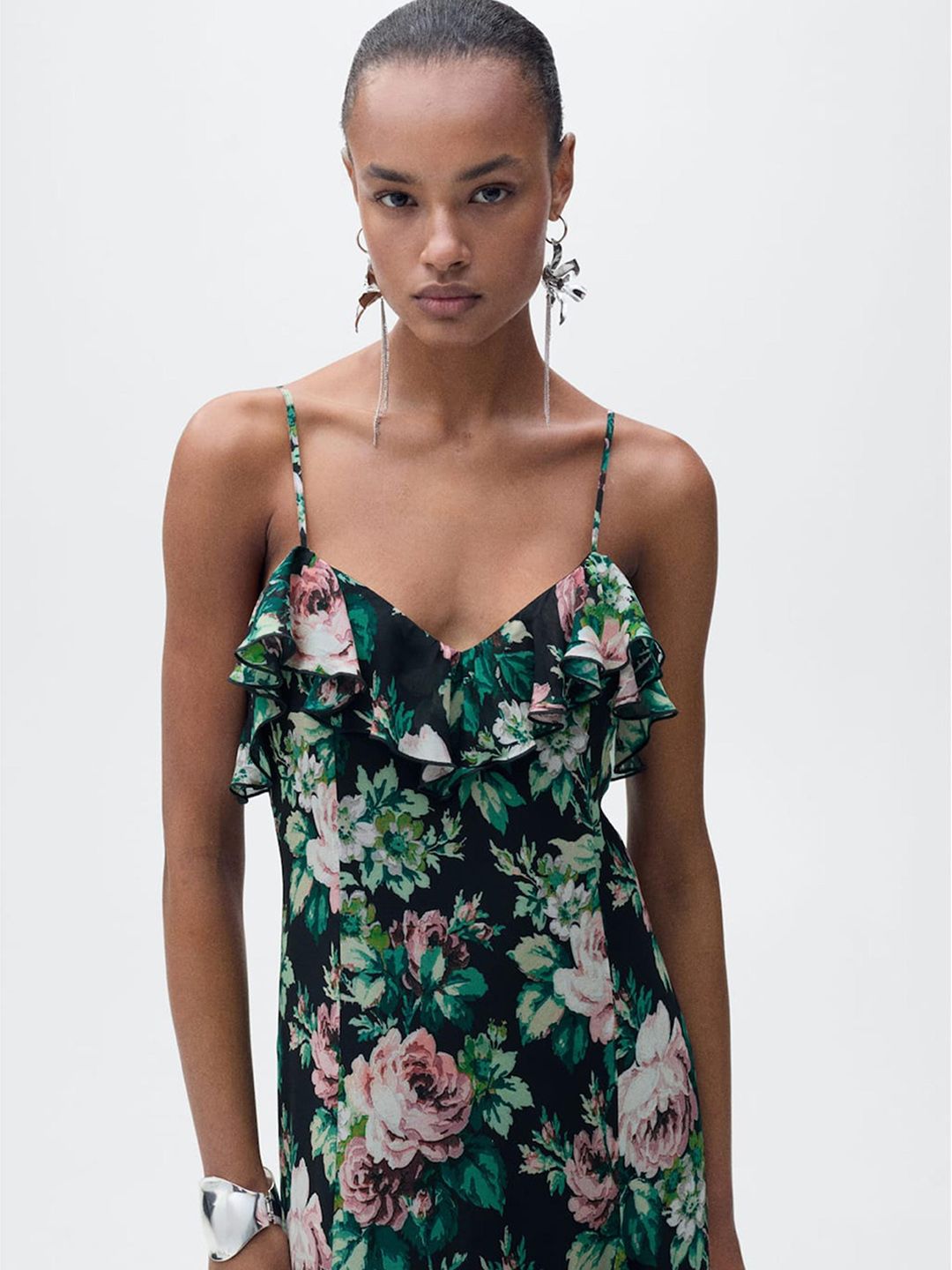 Floral Print Ruffled Detail Shoulder Straps Georgette Maxi A-Line Dress