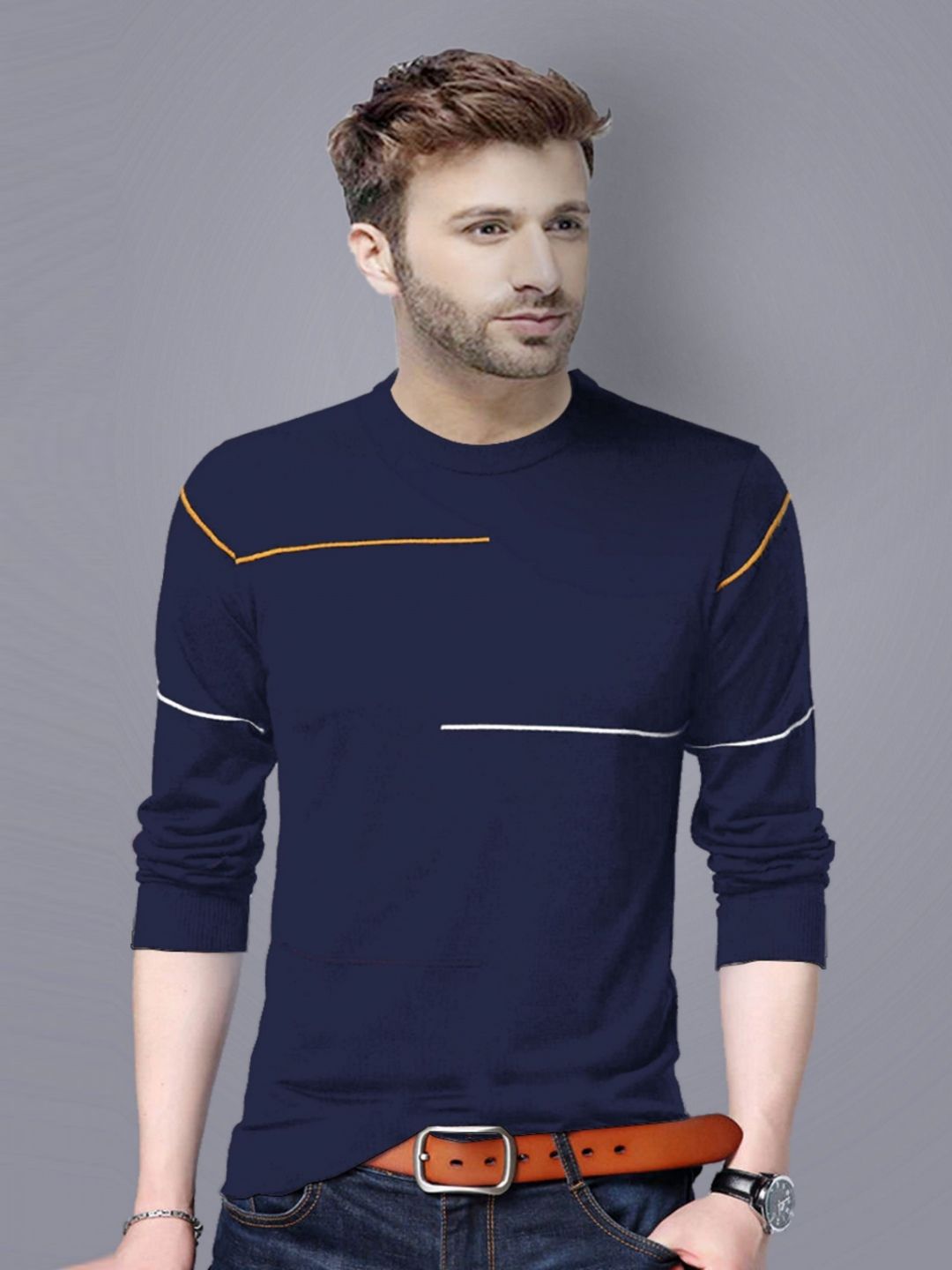 REYA Men Striped Round Neck Cotton T-shirt