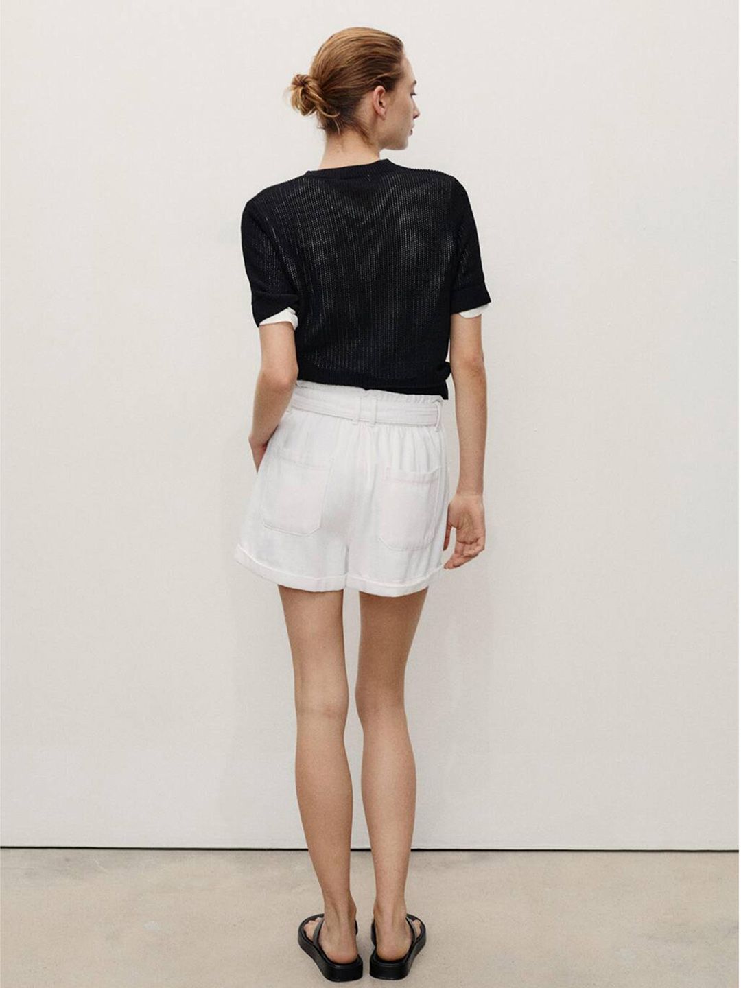 Mid-Rise Pure Cotton Denim Paper Bag Shorts with Belt