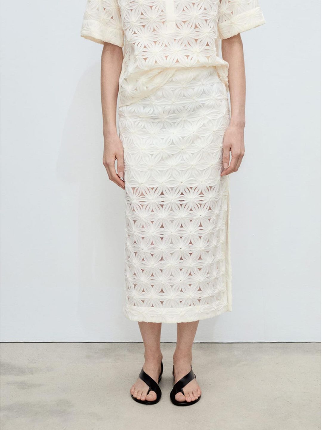 Floral Open Work Textured Straight Midi Skirt
