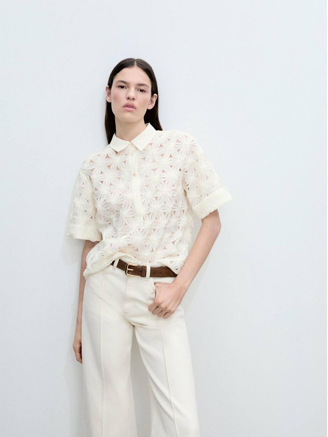 Floral Textured Shirt Style Top
