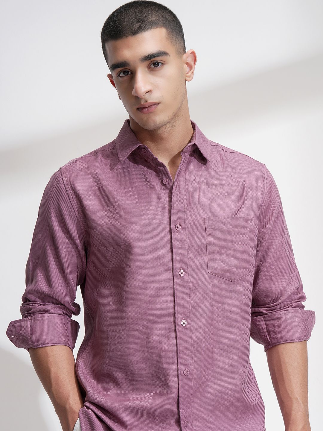 HIGHLANDER Men Comfort Textured Spread Collar Cotton Casual Regular Fit Shirt