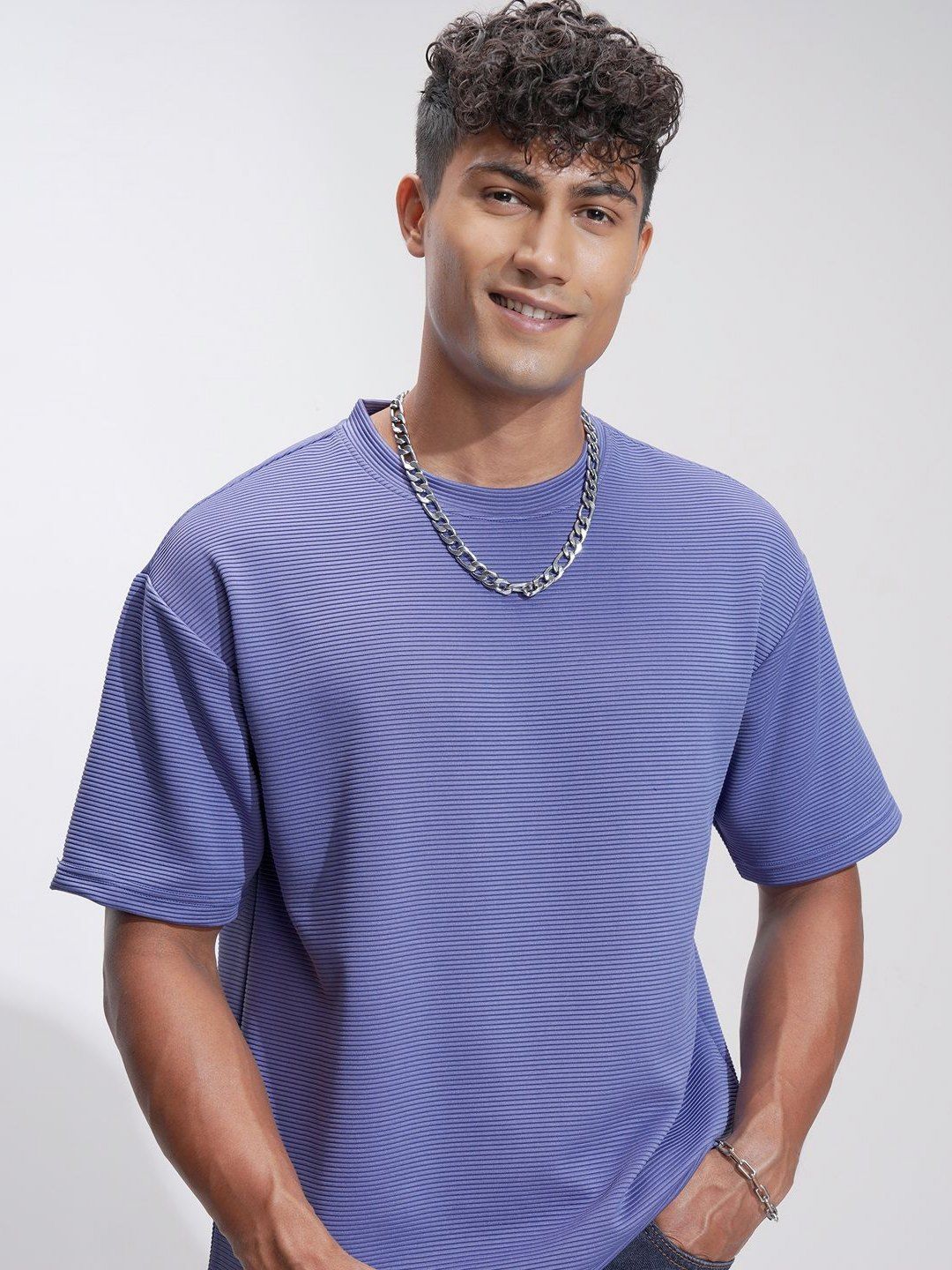 HIGHLANDER Men Self Design Round Neck Oversized T-shirt