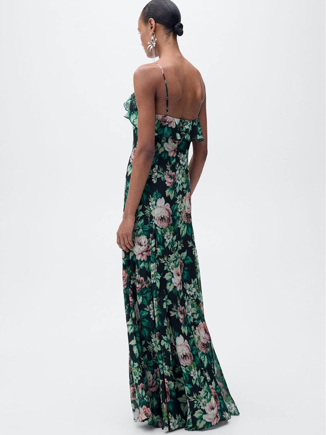 Floral Print Ruffled Detail Shoulder Straps Georgette Maxi A-Line Dress