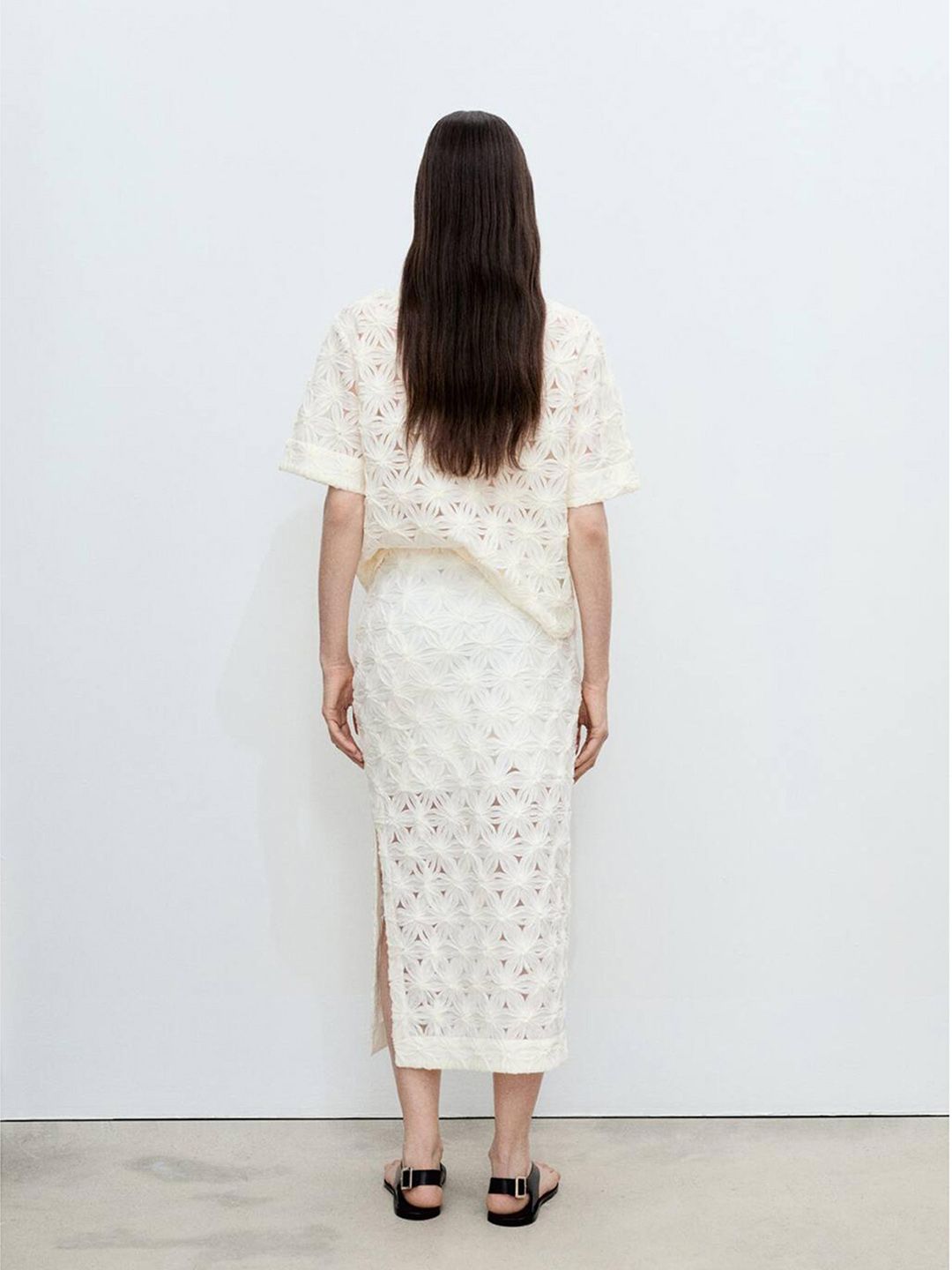 Floral Open Work Textured Straight Midi Skirt