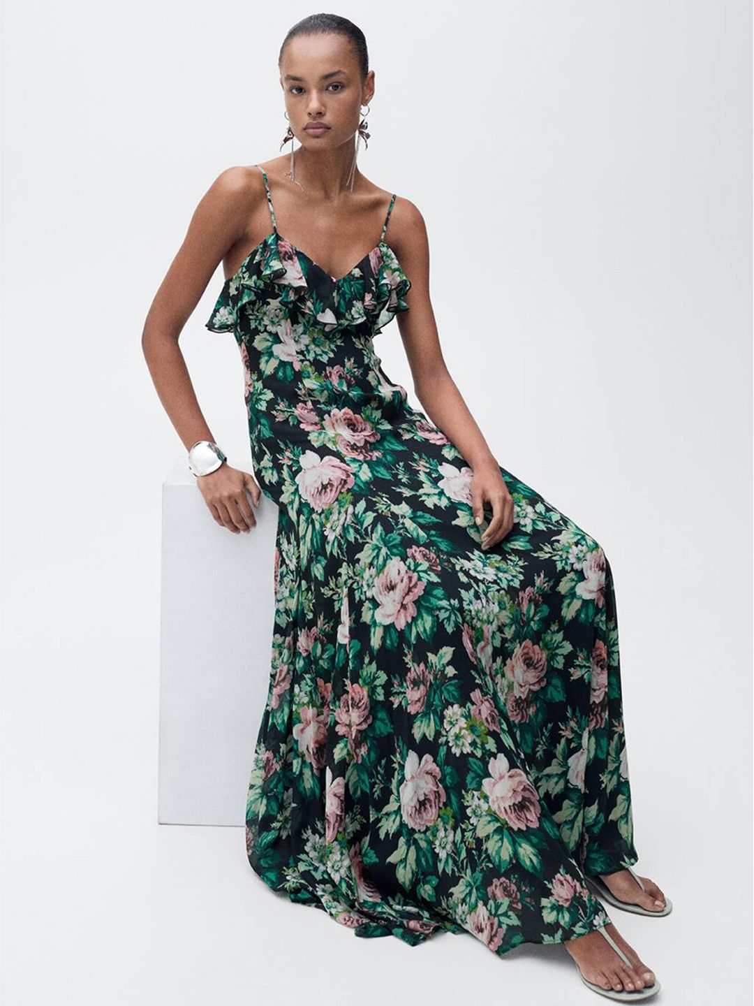 Floral Print Ruffled Detail Shoulder Straps Georgette Maxi A-Line Dress