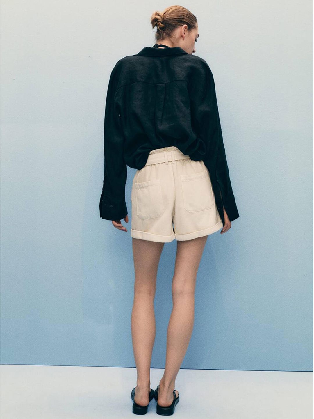 Mid-Rise Pure Cotton Denim Paper Bag Shorts with Belt