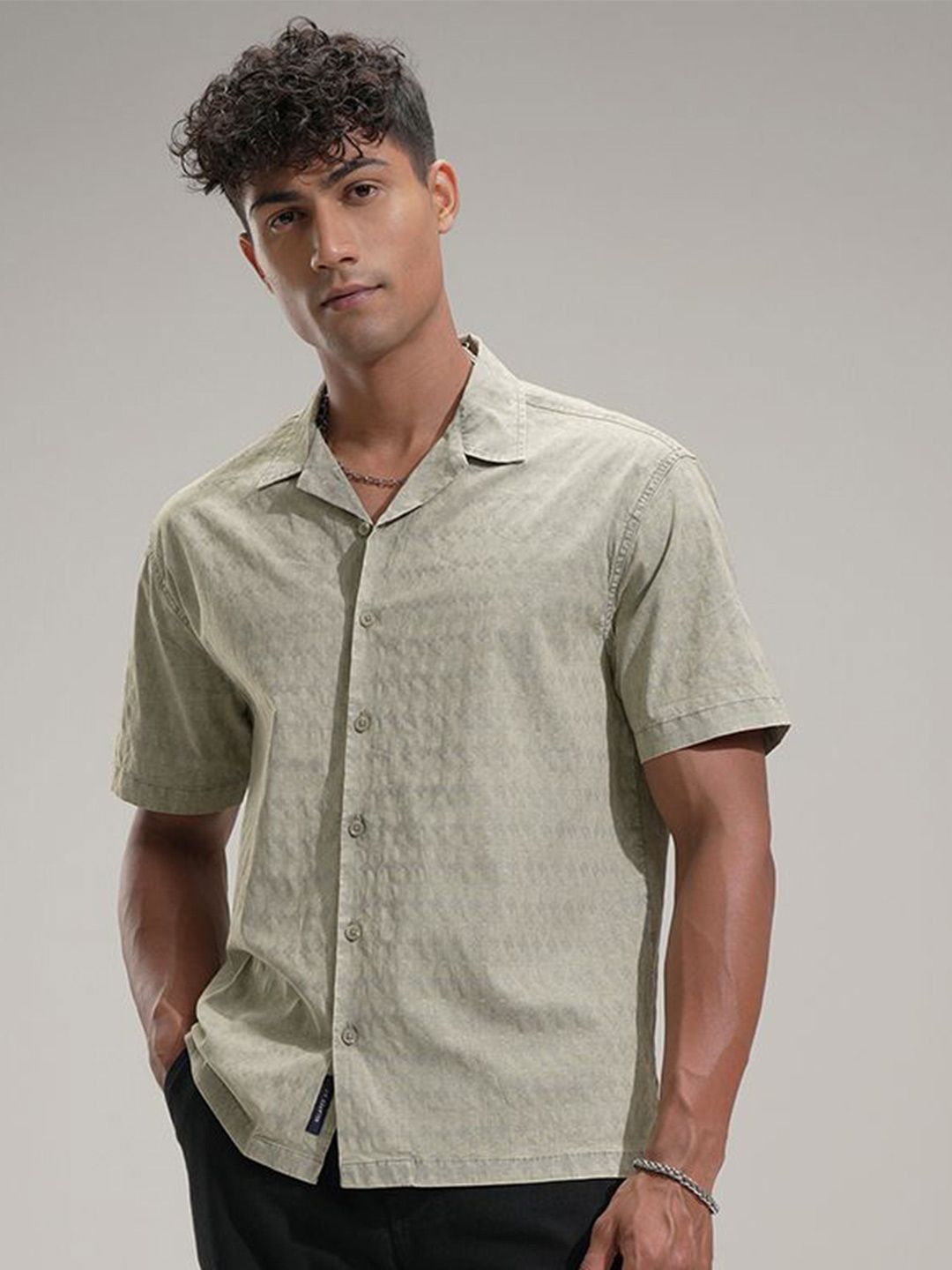 HIGHLANDER Men Comfort Relaxed Fit Textured Cuban Collar Casual Shirt