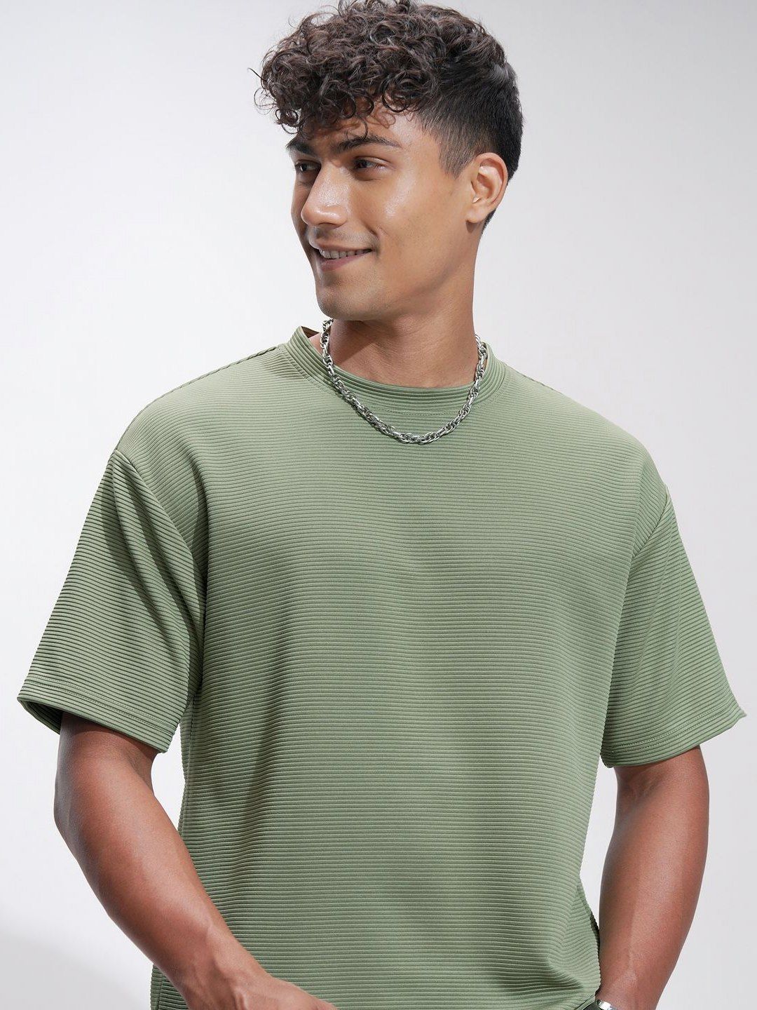 HIGHLANDER Men Self Design Round Neck Oversized T-shirt