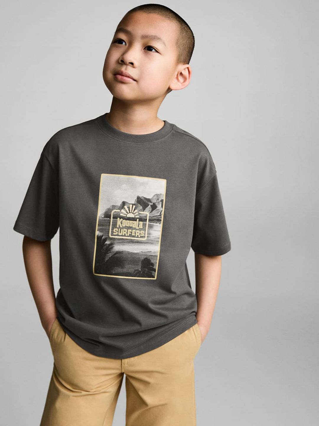 Mango Kids Boys Graphic Print Drop-Shoulder Sleeves Pure Cotton T-shirt