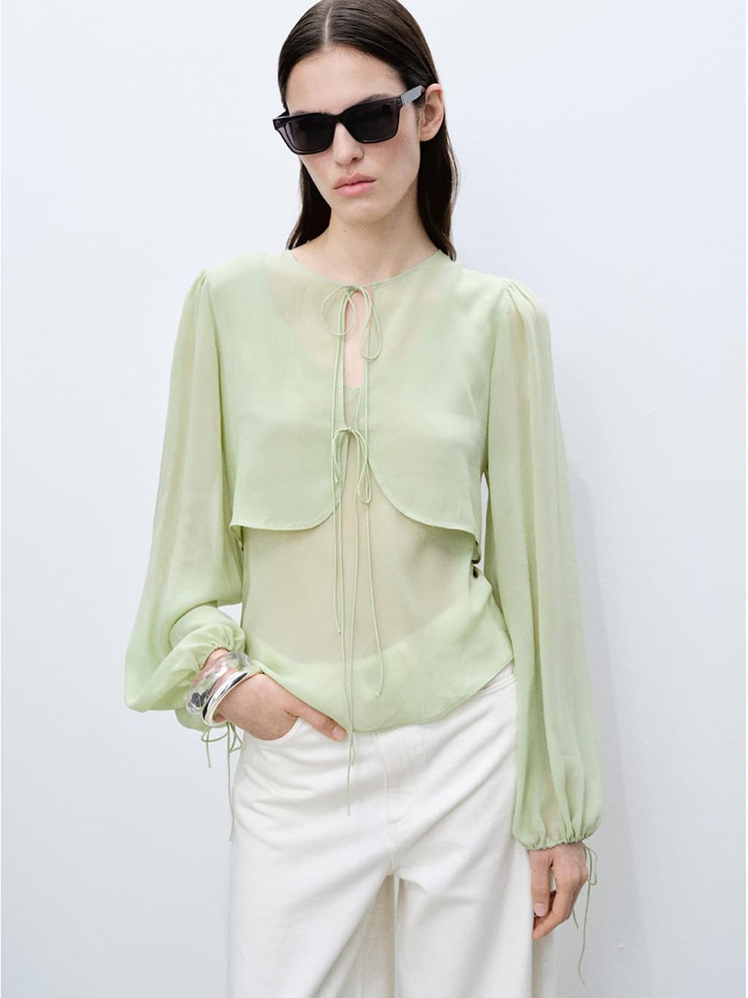 Tie-Up Neck Layered Sheer Top