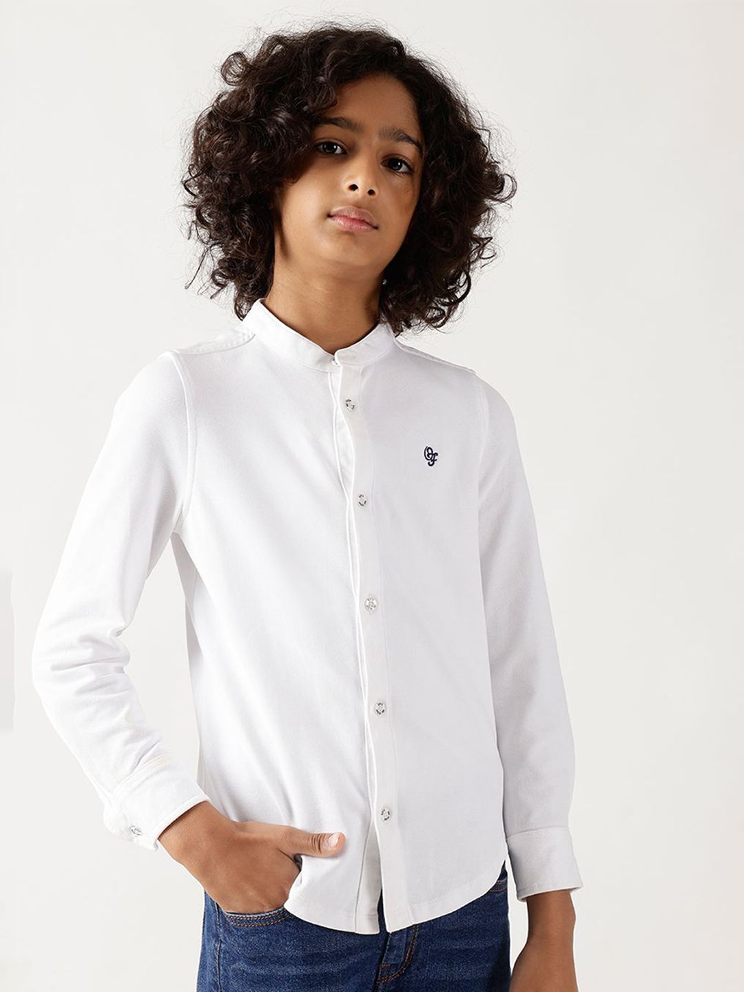 One Friday Boys Comfort Regular Fit Textured Mandarin Collar Cotton Casual Shirt