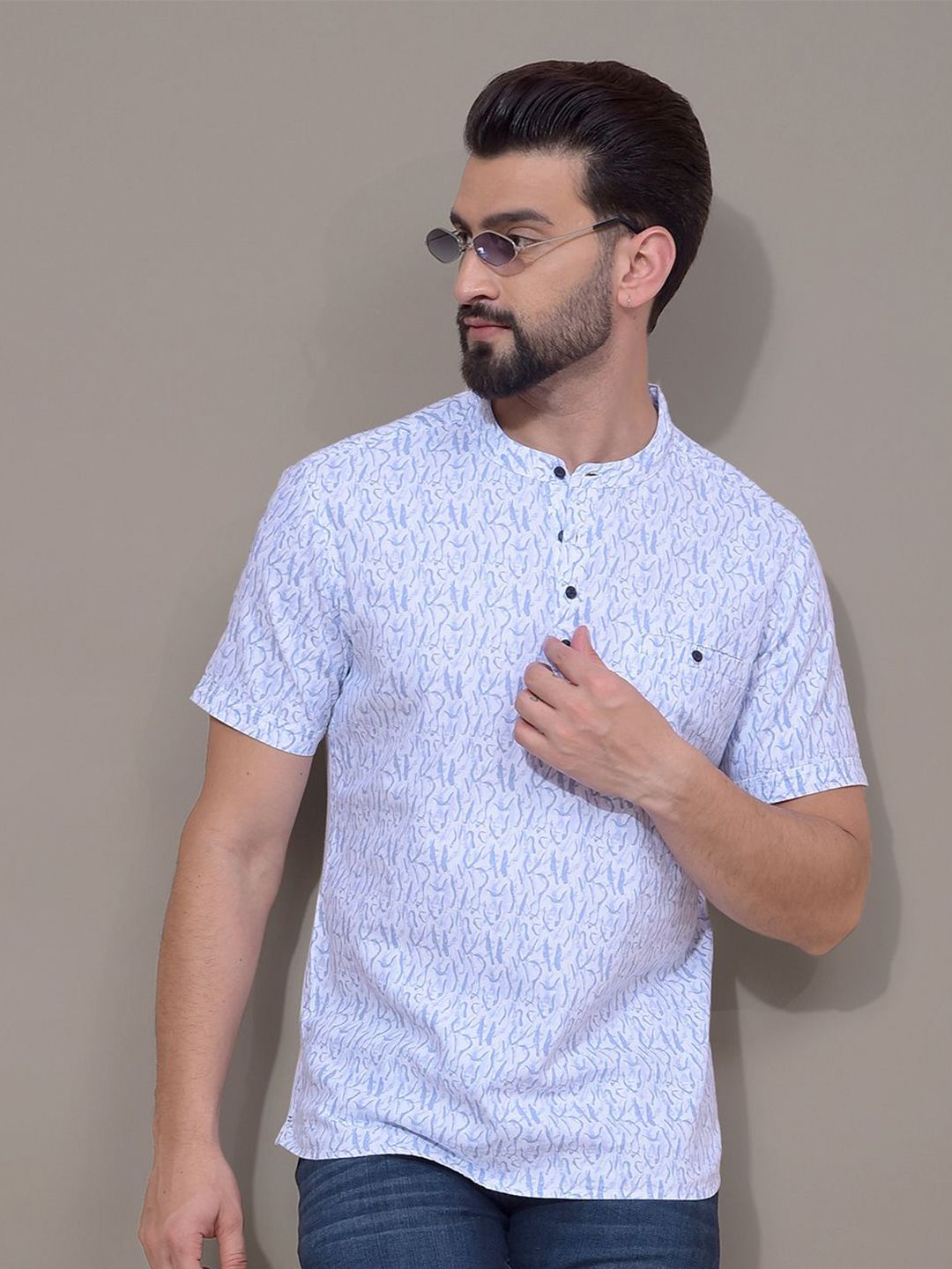 Crimsoune Club Abstract Printed Band Collar Half Sleeves Cotton Straight Short Kurta