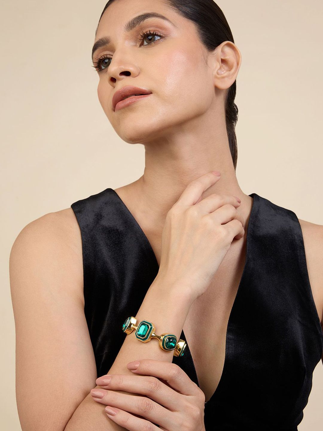 Buy Isharya Women Brass 18KT Gold-Plated Crystals Studded Cuff