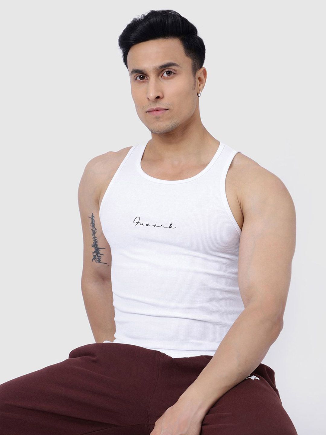 FUAARK Ribbed Slim Fit Gym Workout & Casual Vest For Men Ribbed Tank-White
