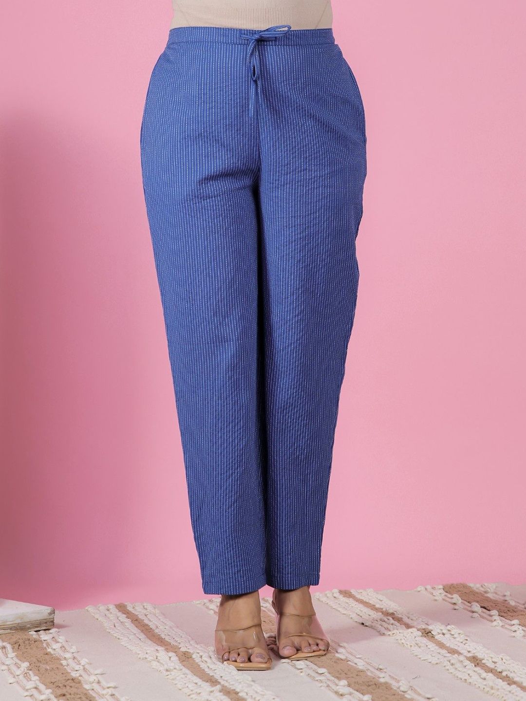 Aramya Women Striped Cotton Straight Fit Regular Trousers