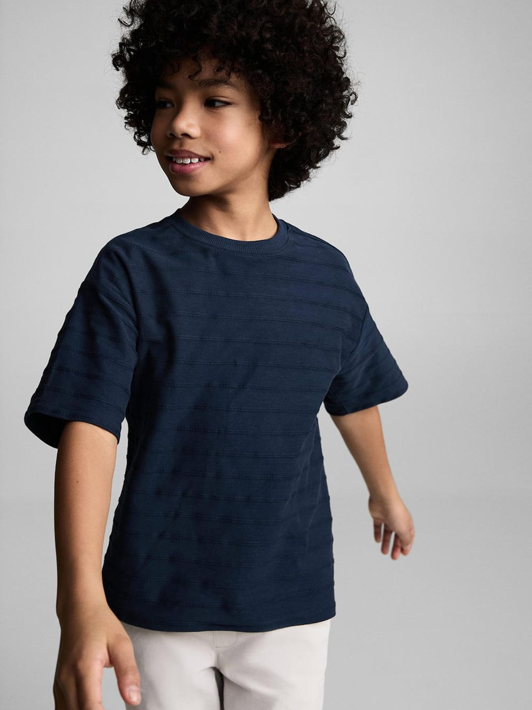 Mango Kids Boys Striped Drop-Shoulder Sleeves Pure Cotton Relaxed Fit T-shirt