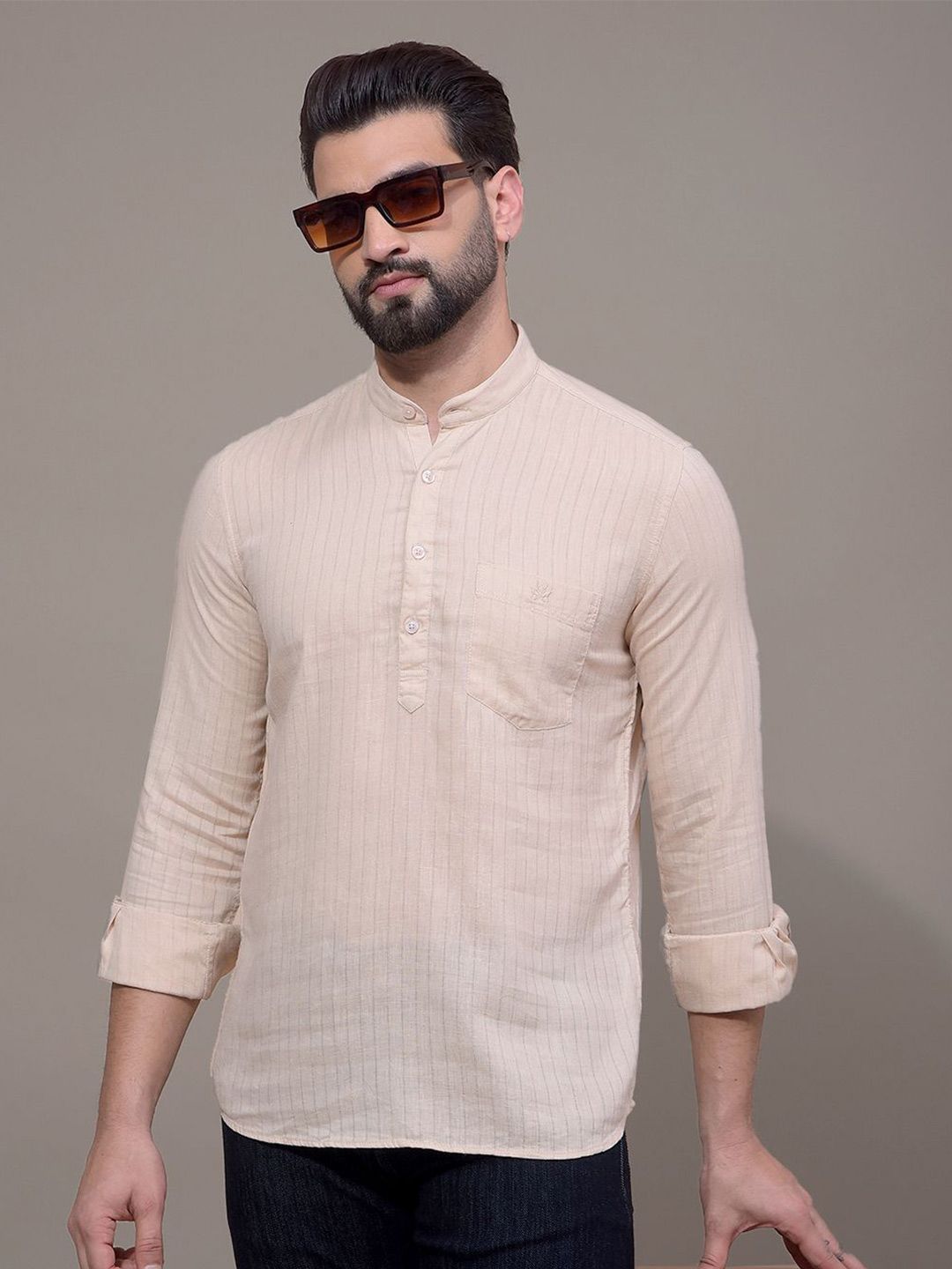 Crimsoune Club Striped Band Collar Thread Work Pathani Kurta