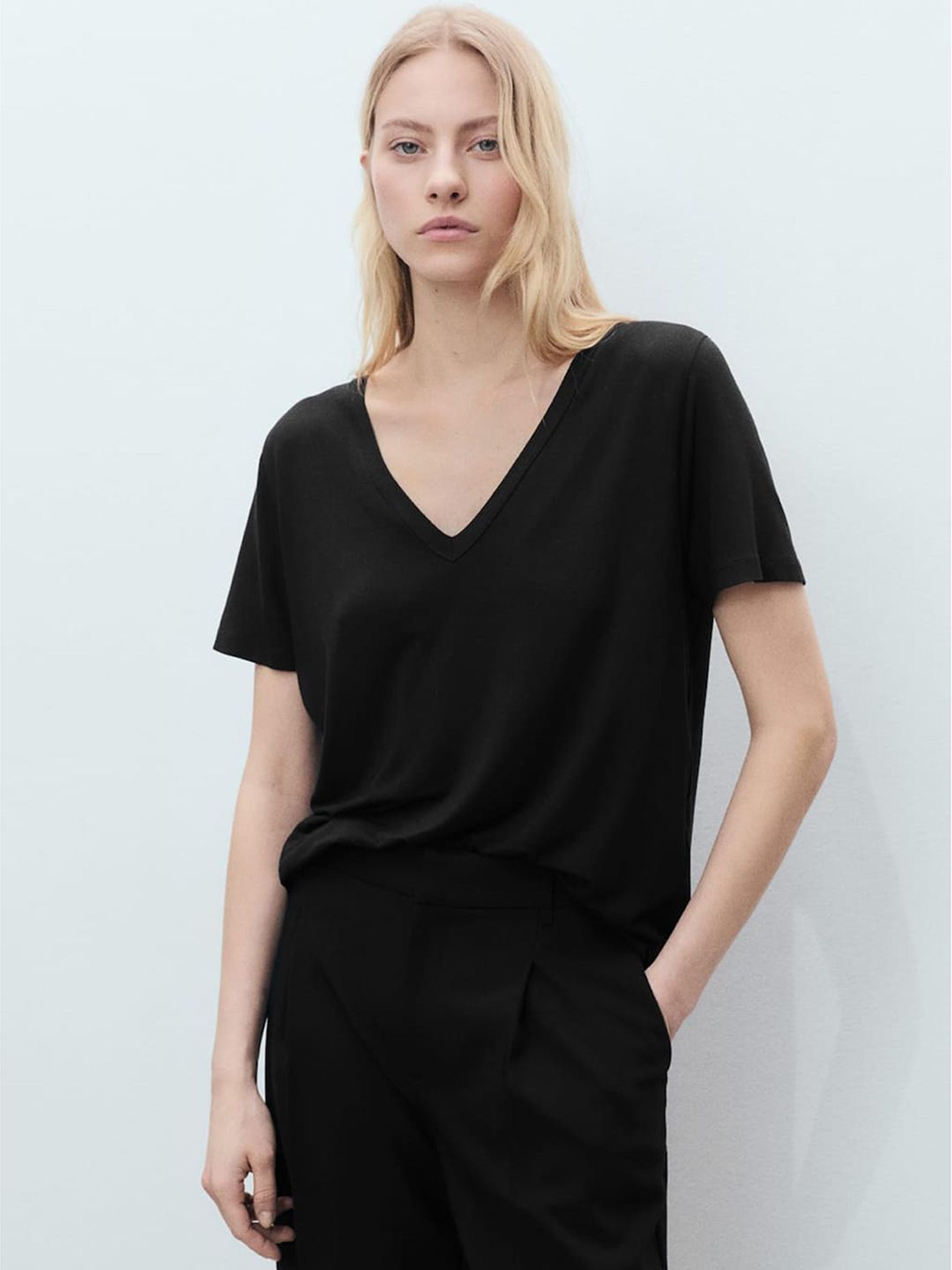 V-Neck Drop-Shoulder Sleeves Relaxed Fit T-shirt