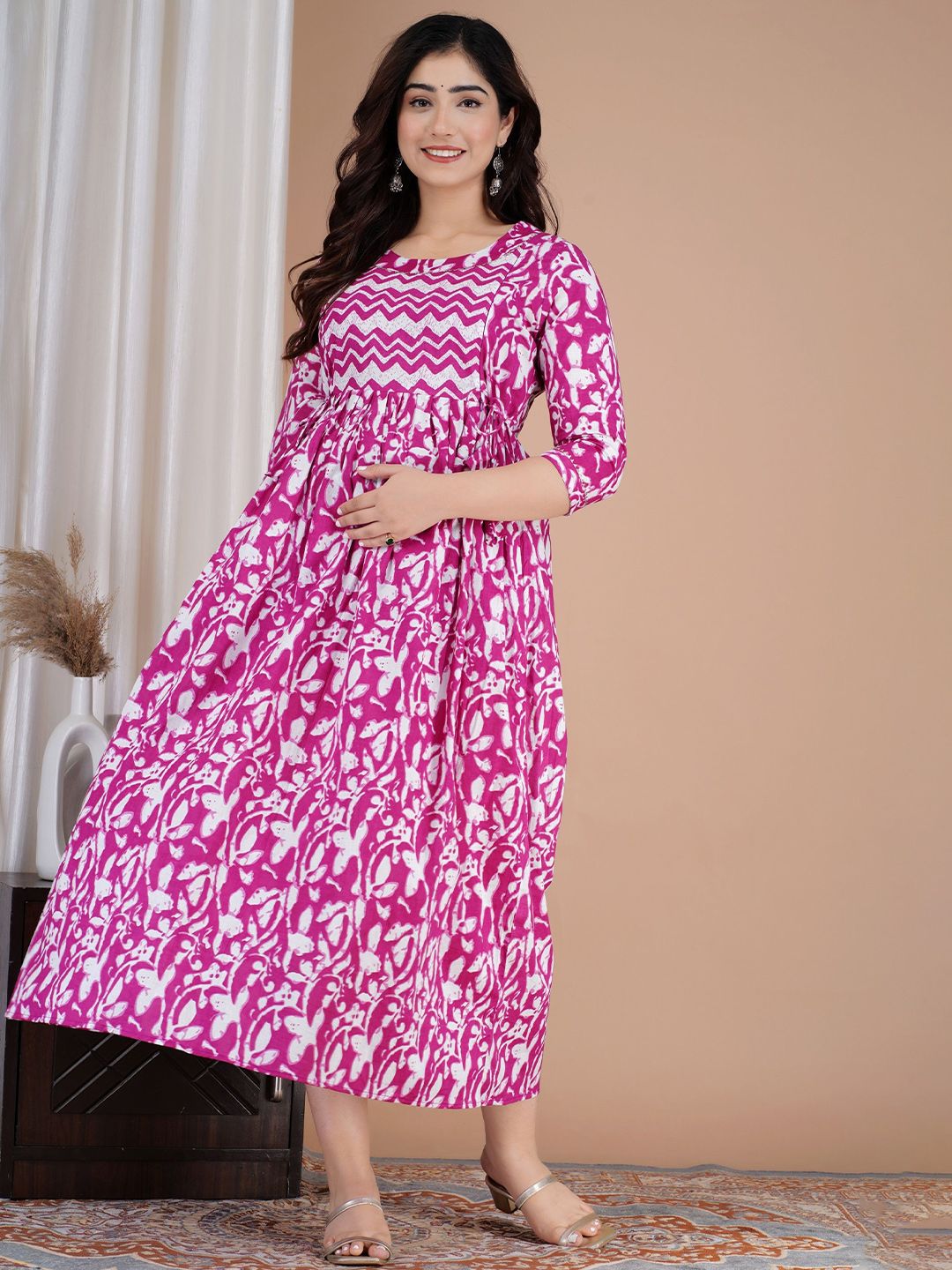 Tulsiram Floral Printed Pure Cotton A-Line Maternity Ethnic Dress
