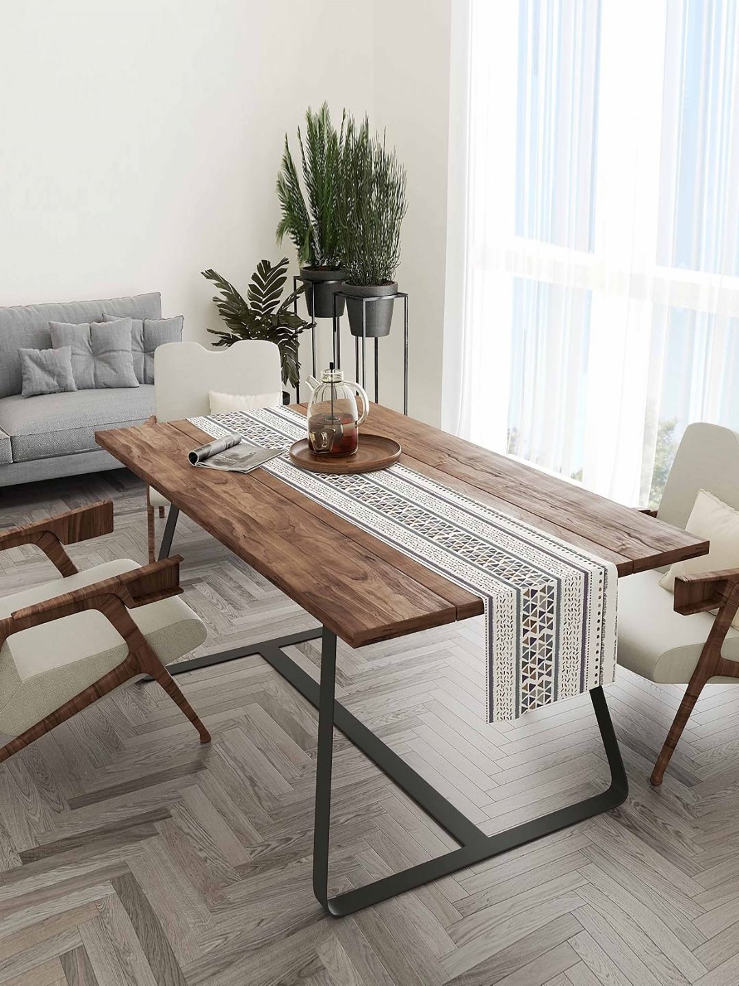 STITCHNEST White & Grey Cotton Canvas Printed Table Runner