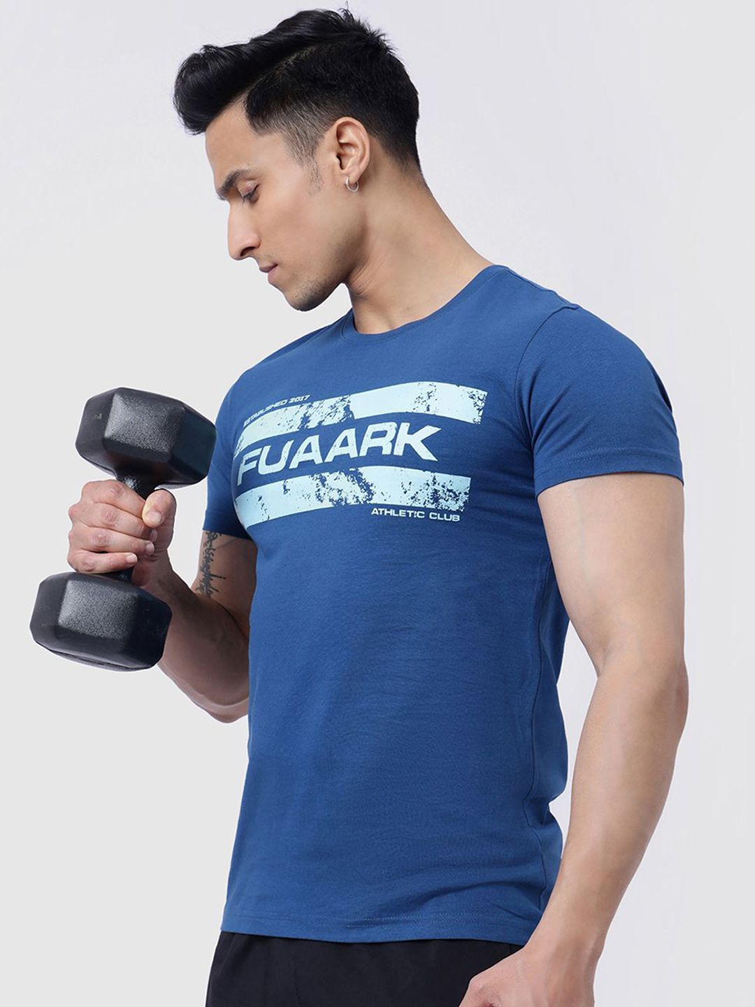FUAARK Men Moisture Wicking Typography Printed Round Neck Cotton Slim Fit T-shirt