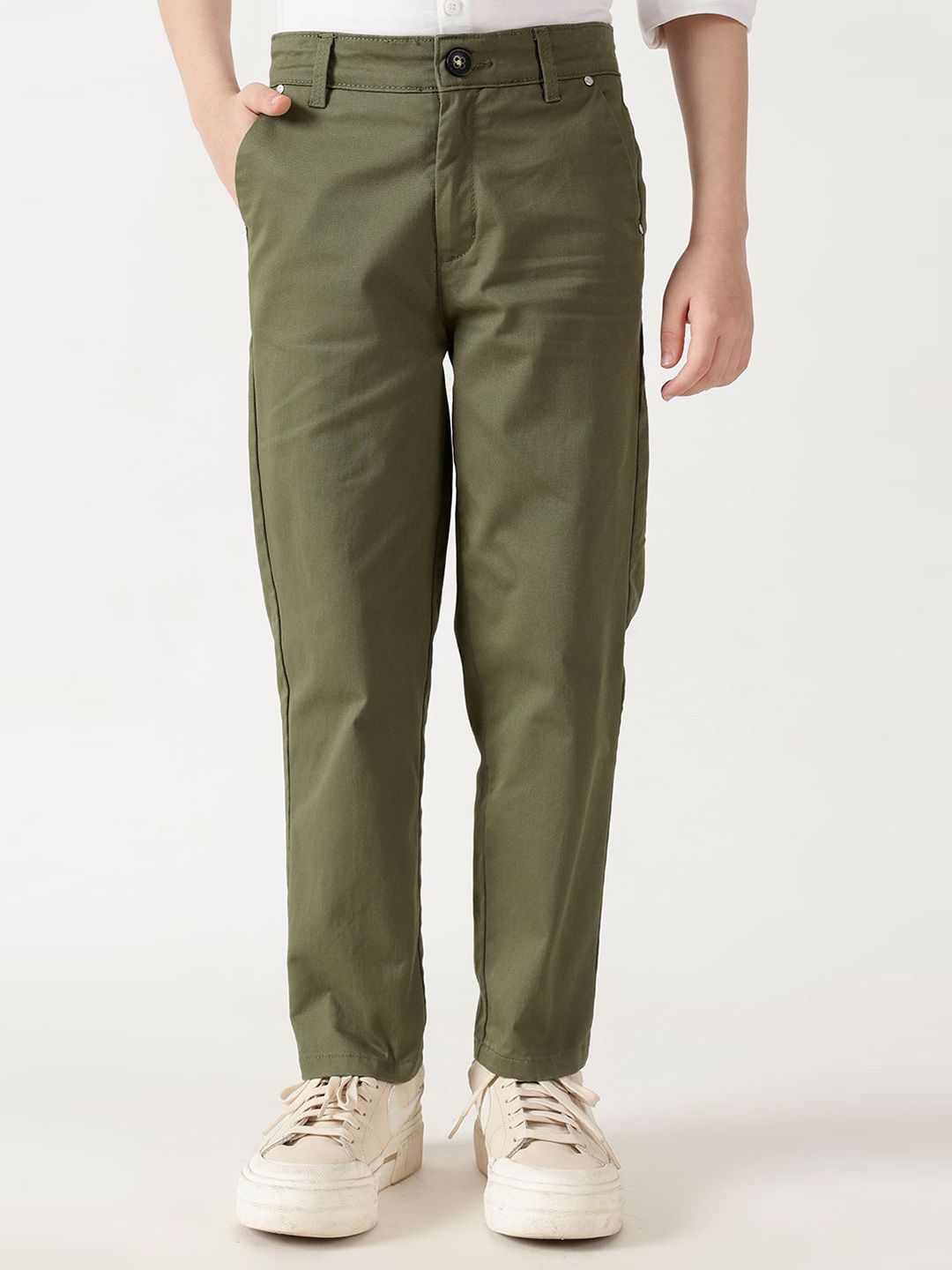One Friday Boys Olive Loose Fit Solid Cargo Trousers