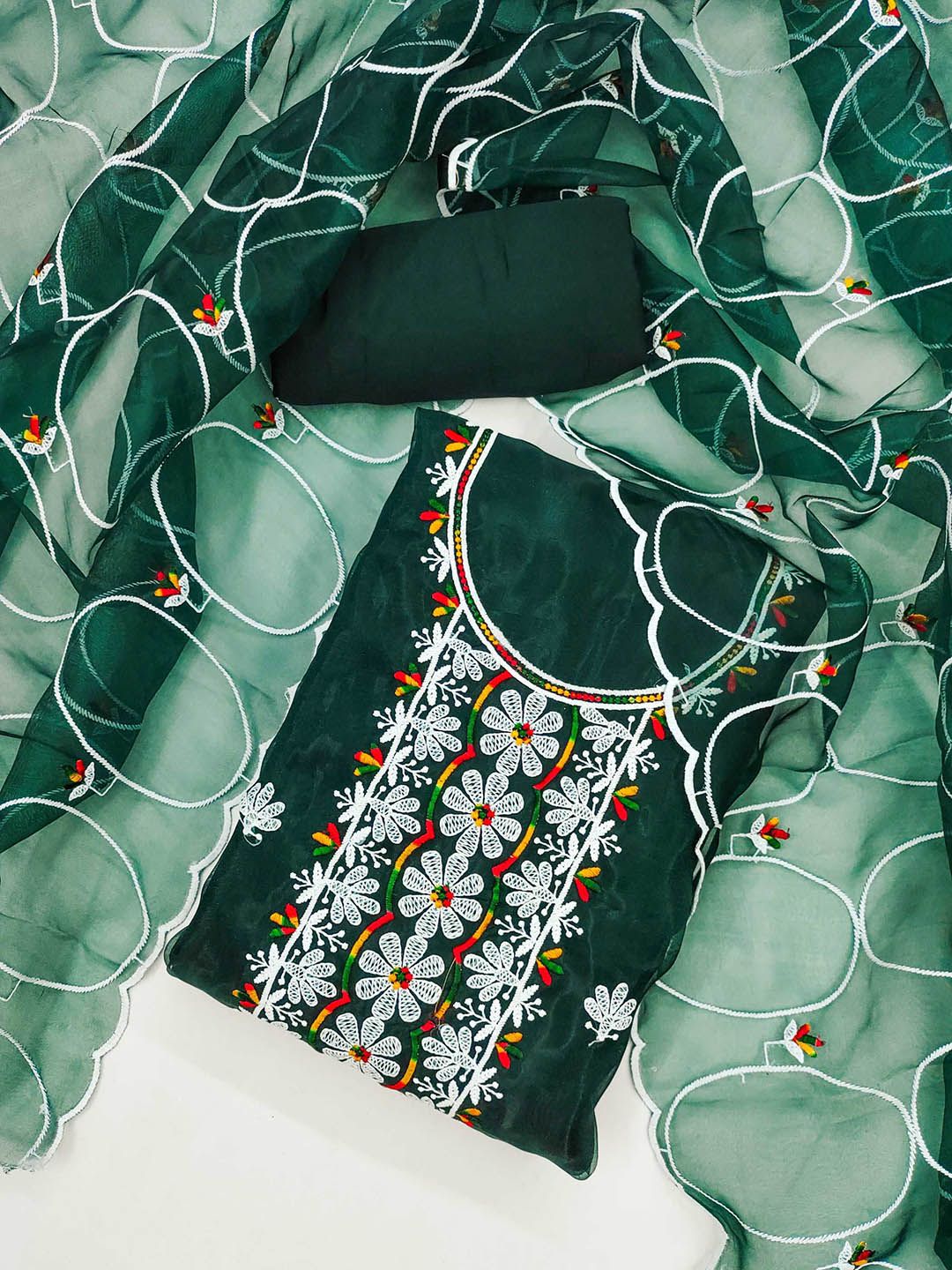 LeeliPeeri Designer Floral Embroidered Thread Work Organza Unstitched Dress Material