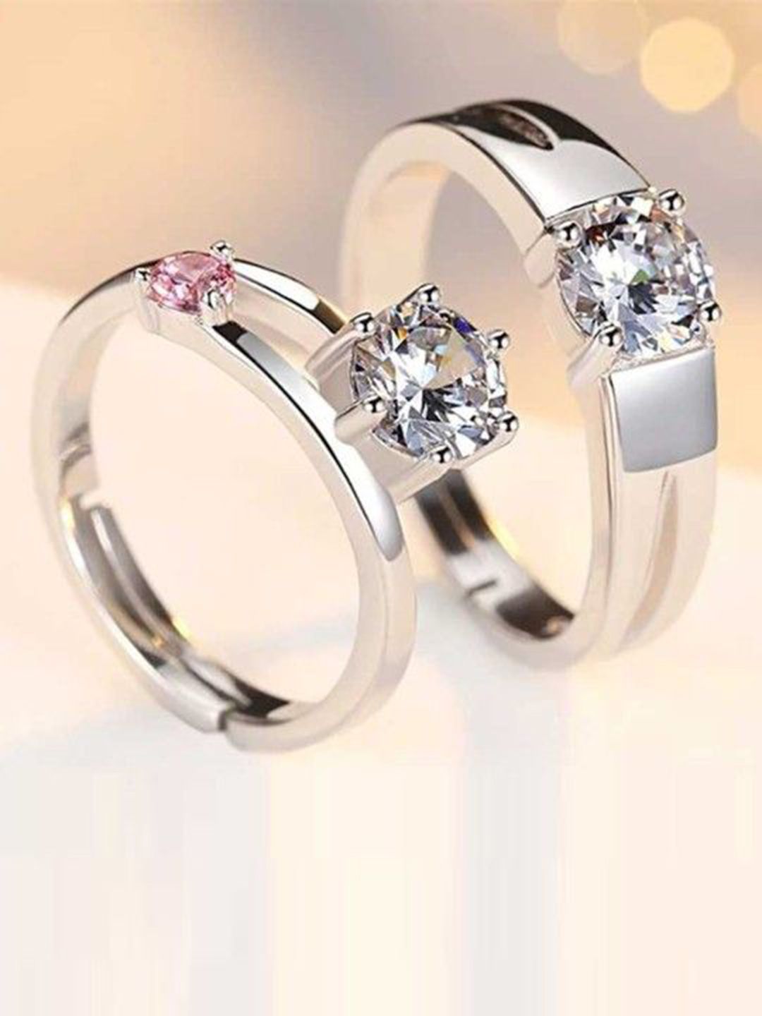 Ringzinnie Unisex Set Of 2 Stainless Steel Silver-Plated AD Studded Finger Rings