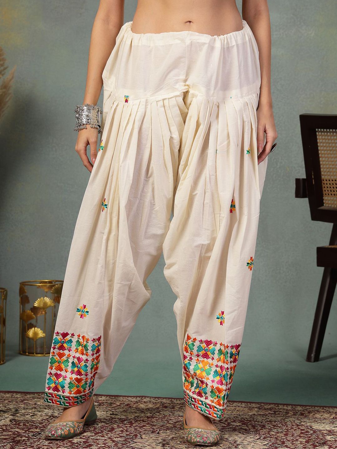 Moda Rapido Women Embroidered Phulkari Loose Fit Cotton Salwar