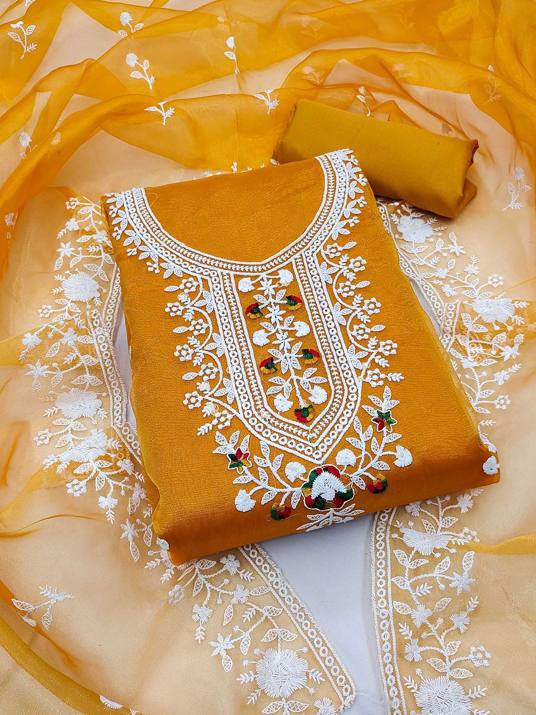 LeeliPeeri Designer Floral Embroidered Thread Work Organza Unstitched Dress Material