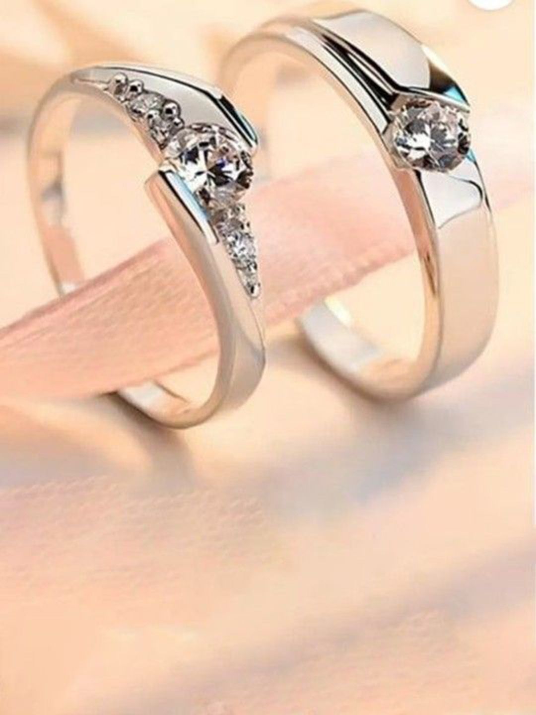 Ringzinnie Unisex Set Of 2 Silver-Plated Stones Studded Adjustable Couple Finger Rings