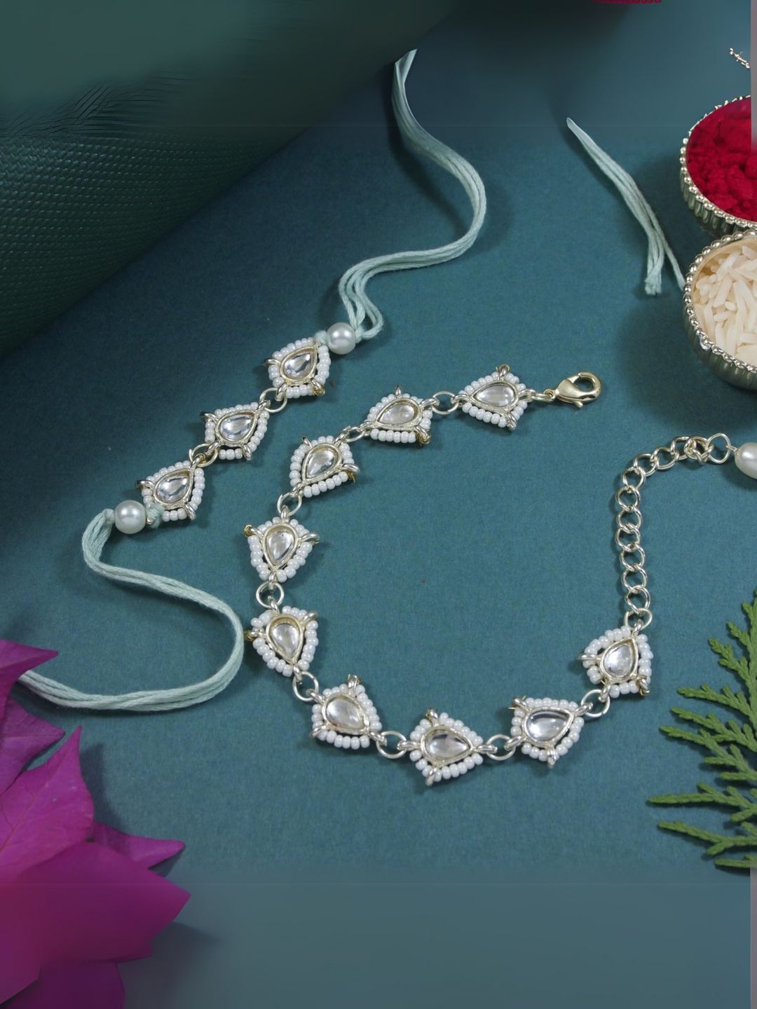 I Jewels White Kundan & Pearls Lumba Rakhi Bracelet Combo Set With Roli Chawal