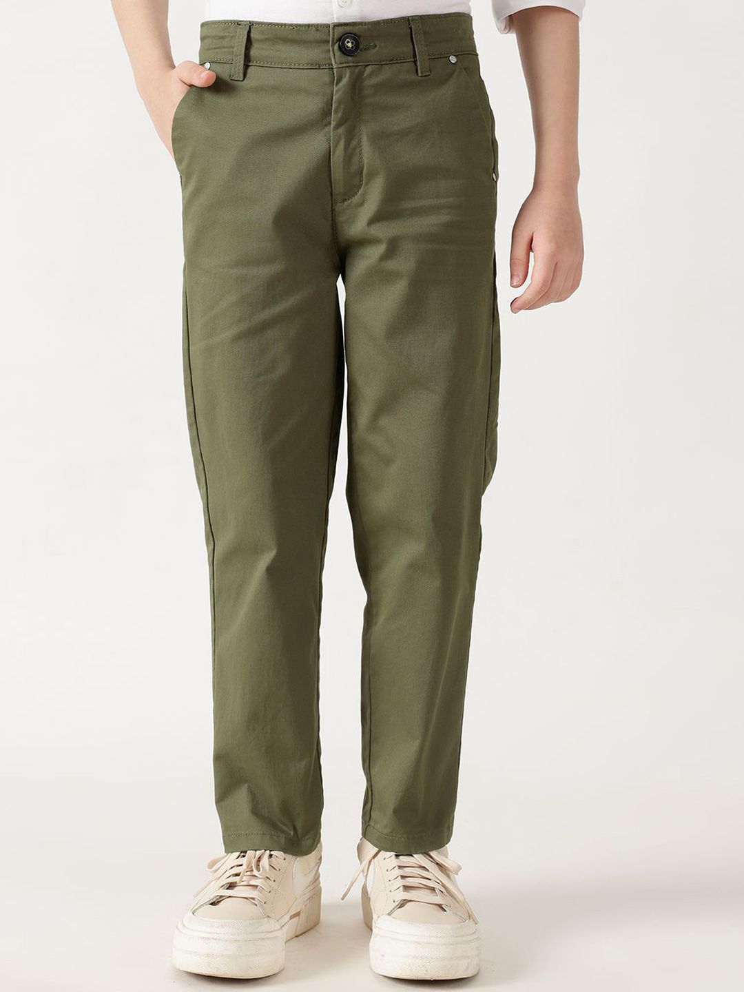 One Friday Boys Relaxed Olive Loose Fit Solid Cargo Trousers