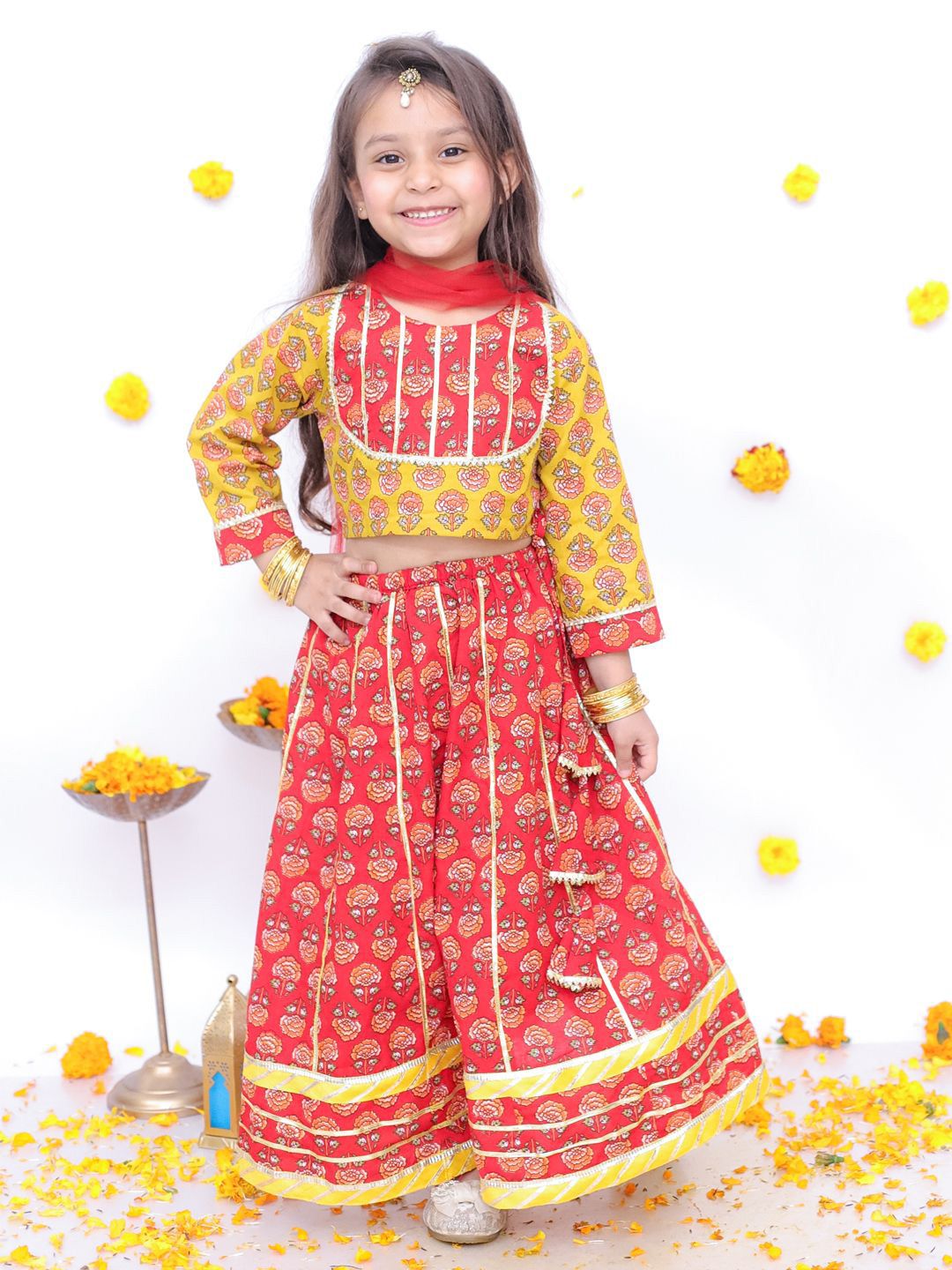 BownBee Girls Printed Ready to Wear Pure Cotton Lehenga & Blouse With Dupatta