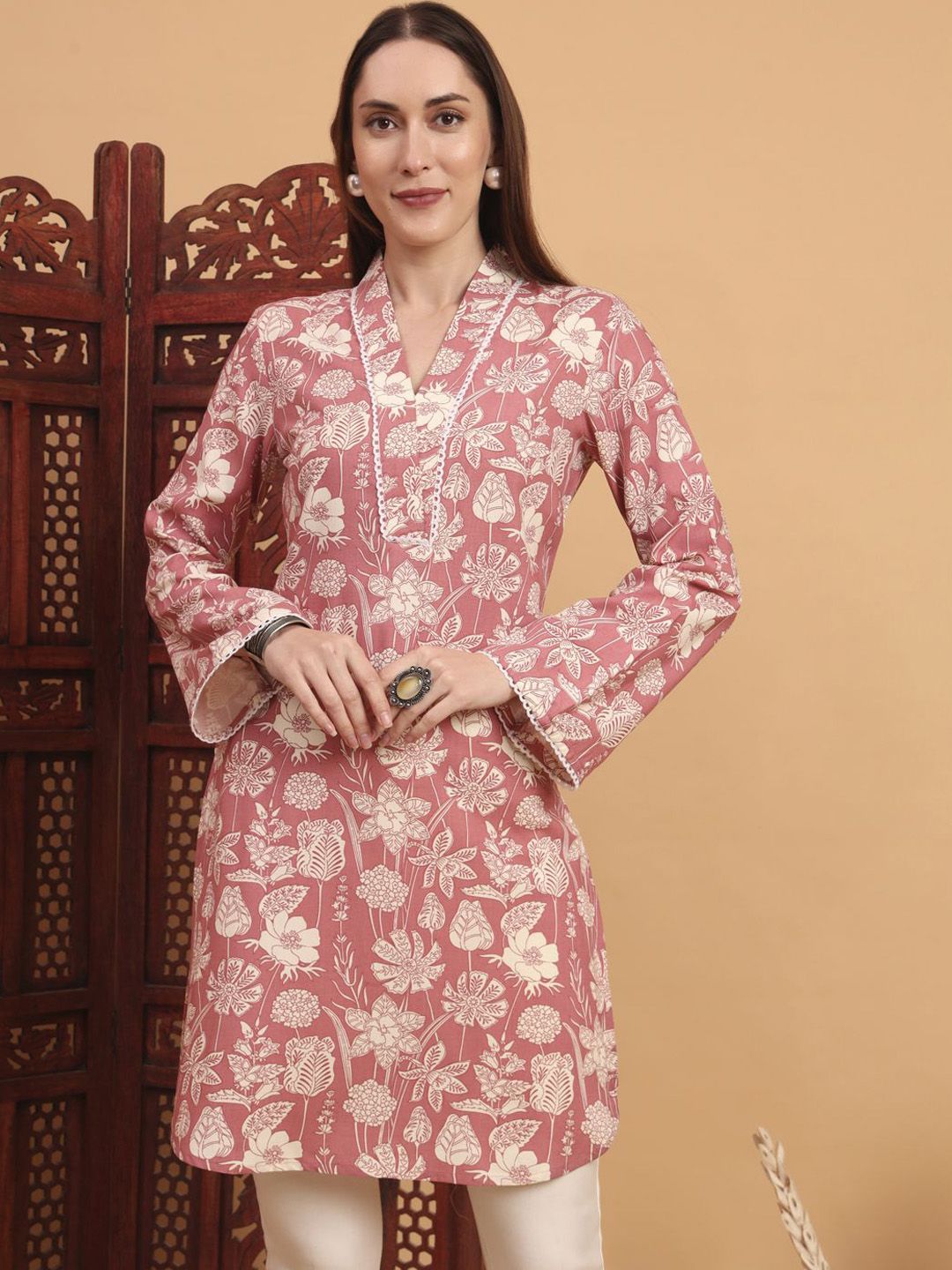 Anouk Rustic Floral Printed V-Neck Long Bell Sleeves Straight Kurta