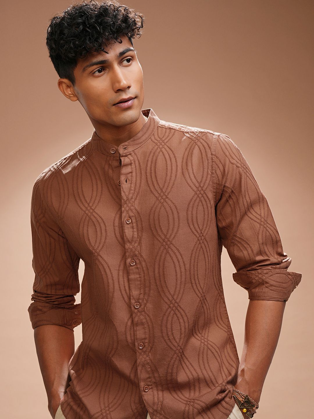 HIGHLANDER Men Comfort Slim Fit Band Collar Textured Cotton Casual Shirt