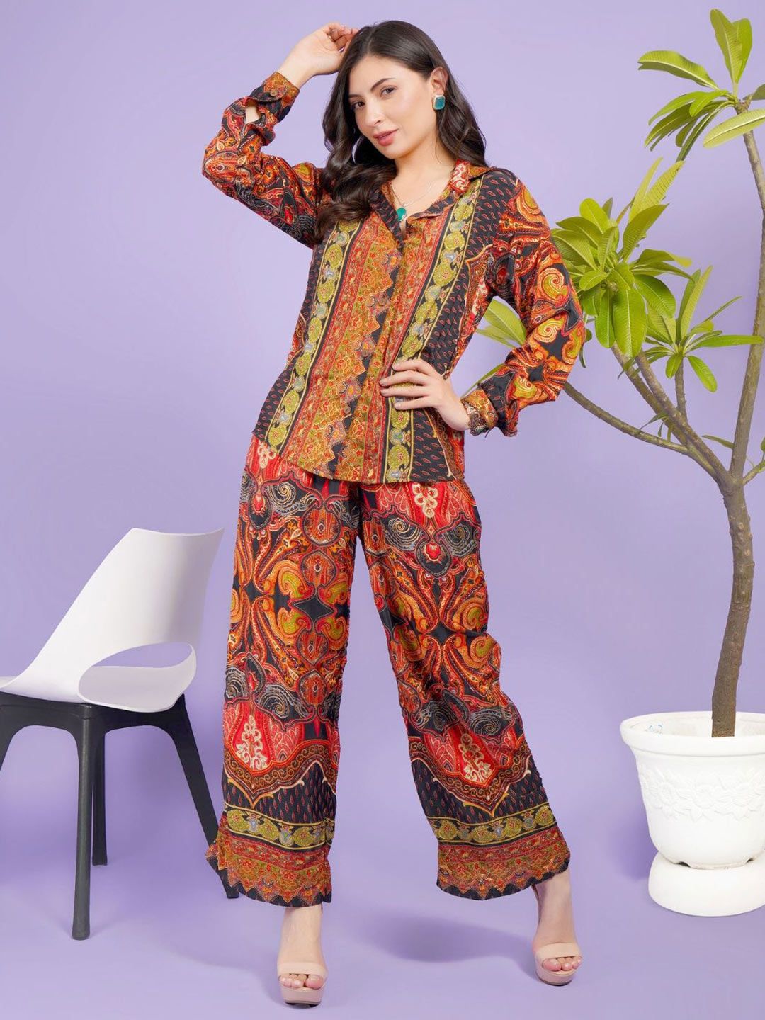 Boholyfe Flame Fusion Boho Collared Shirt With Trouser Co-Ord Set