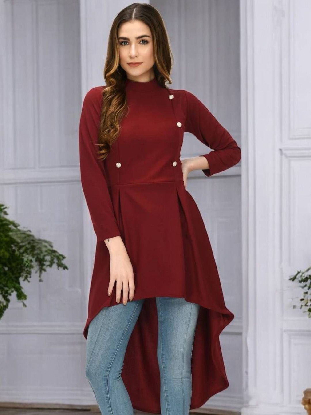 BAESD Longline Solid Maroon Mock Neck High Low Hem Top