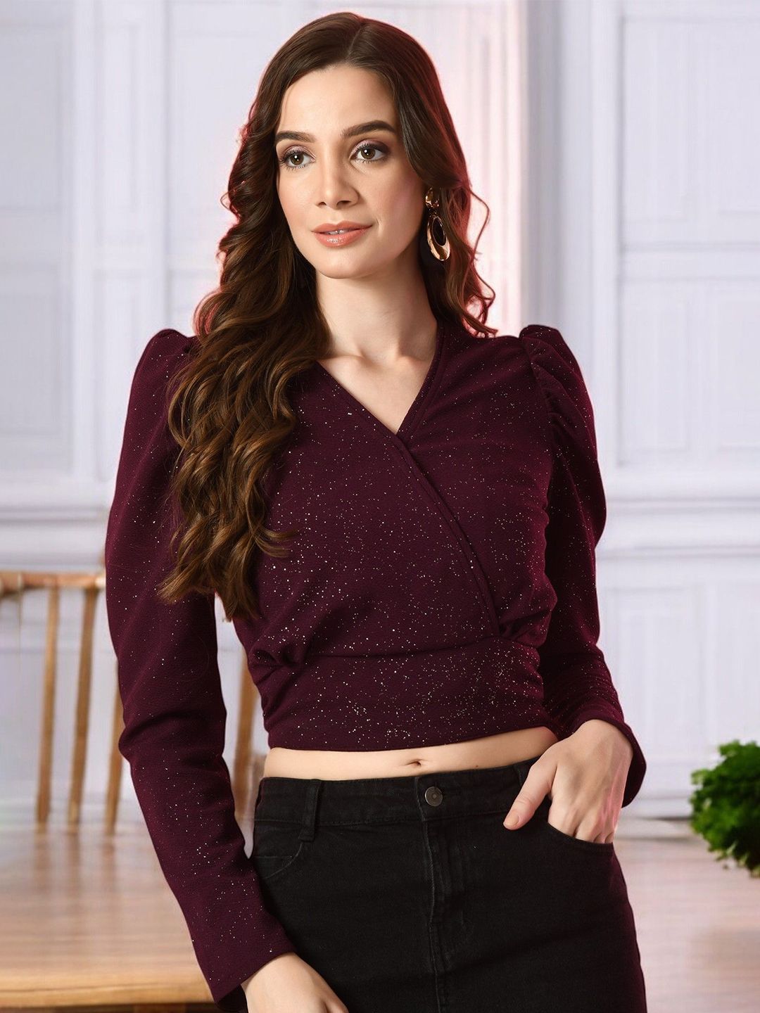 BAESD Women Puff Sleeve Wrap Crop Top