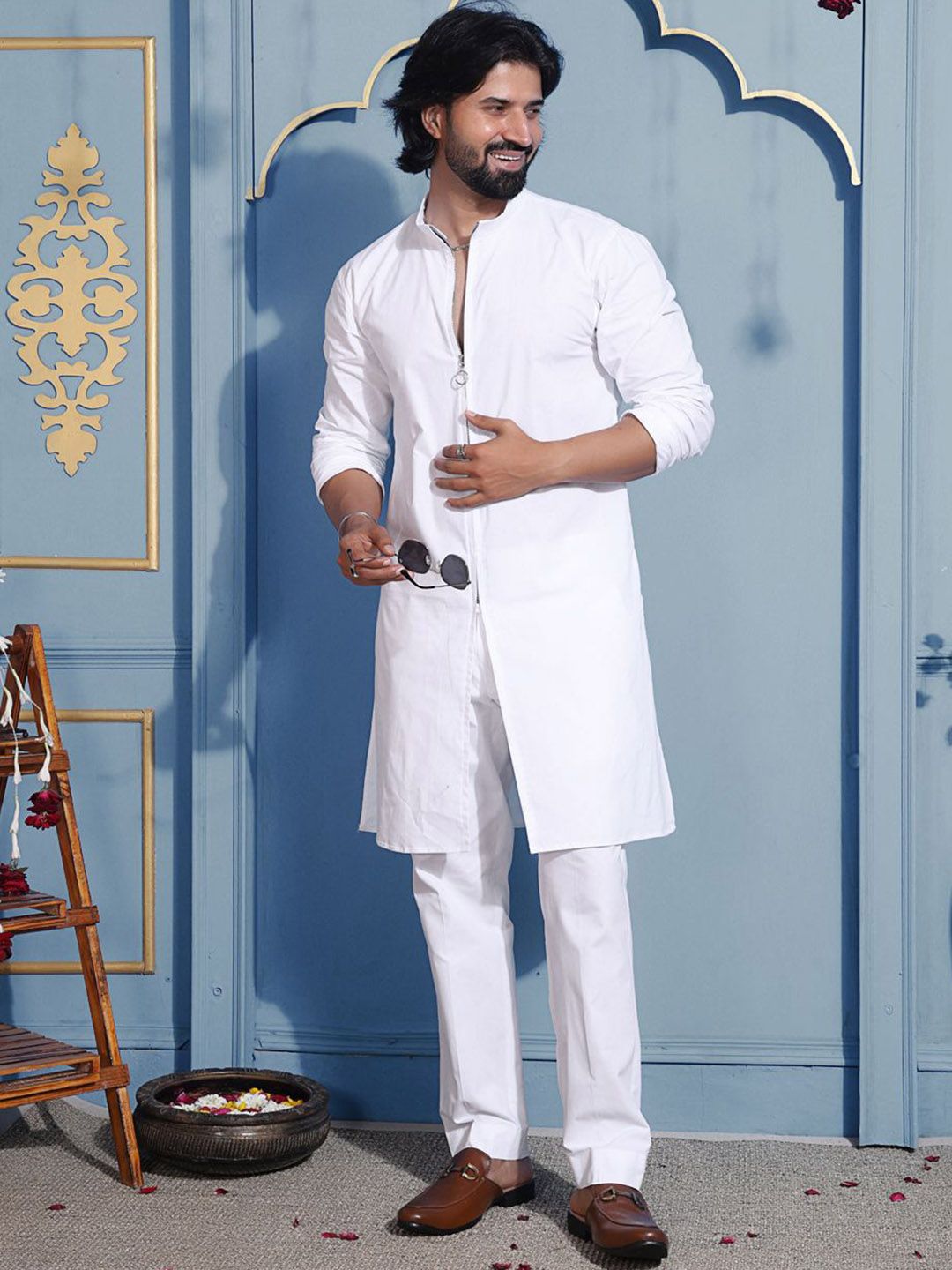 MIDAV Men Thread Work White Romance Pathani Kurta