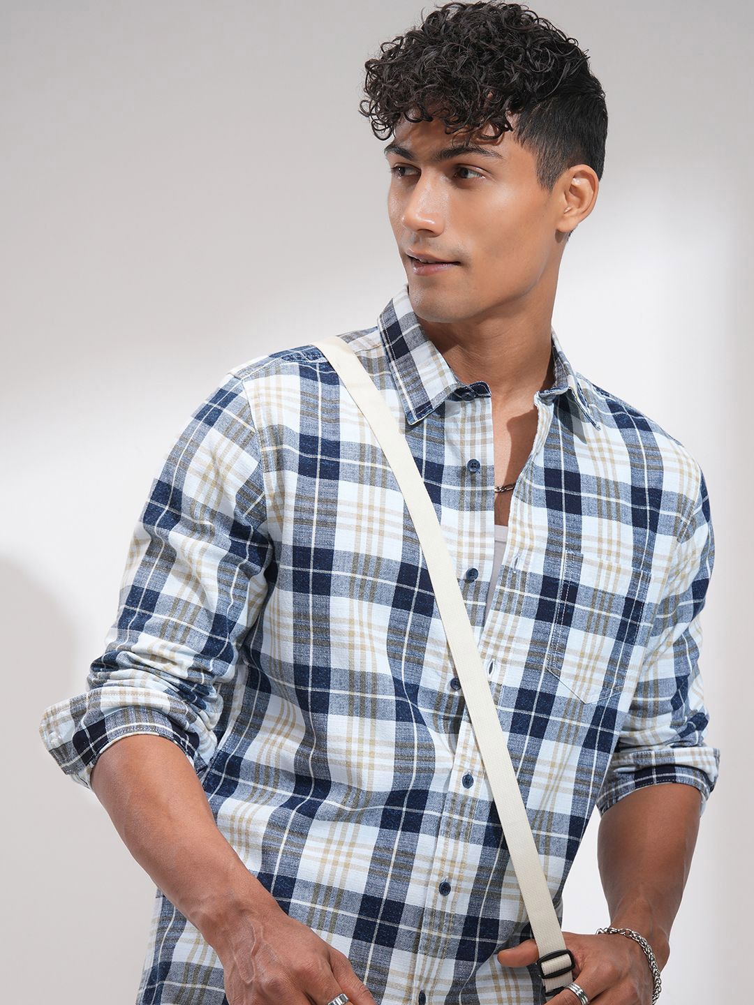 HIGHLANDER Men Comfort Slim Fit Spread Collar Tartan Checked Cotton Casual Shirt