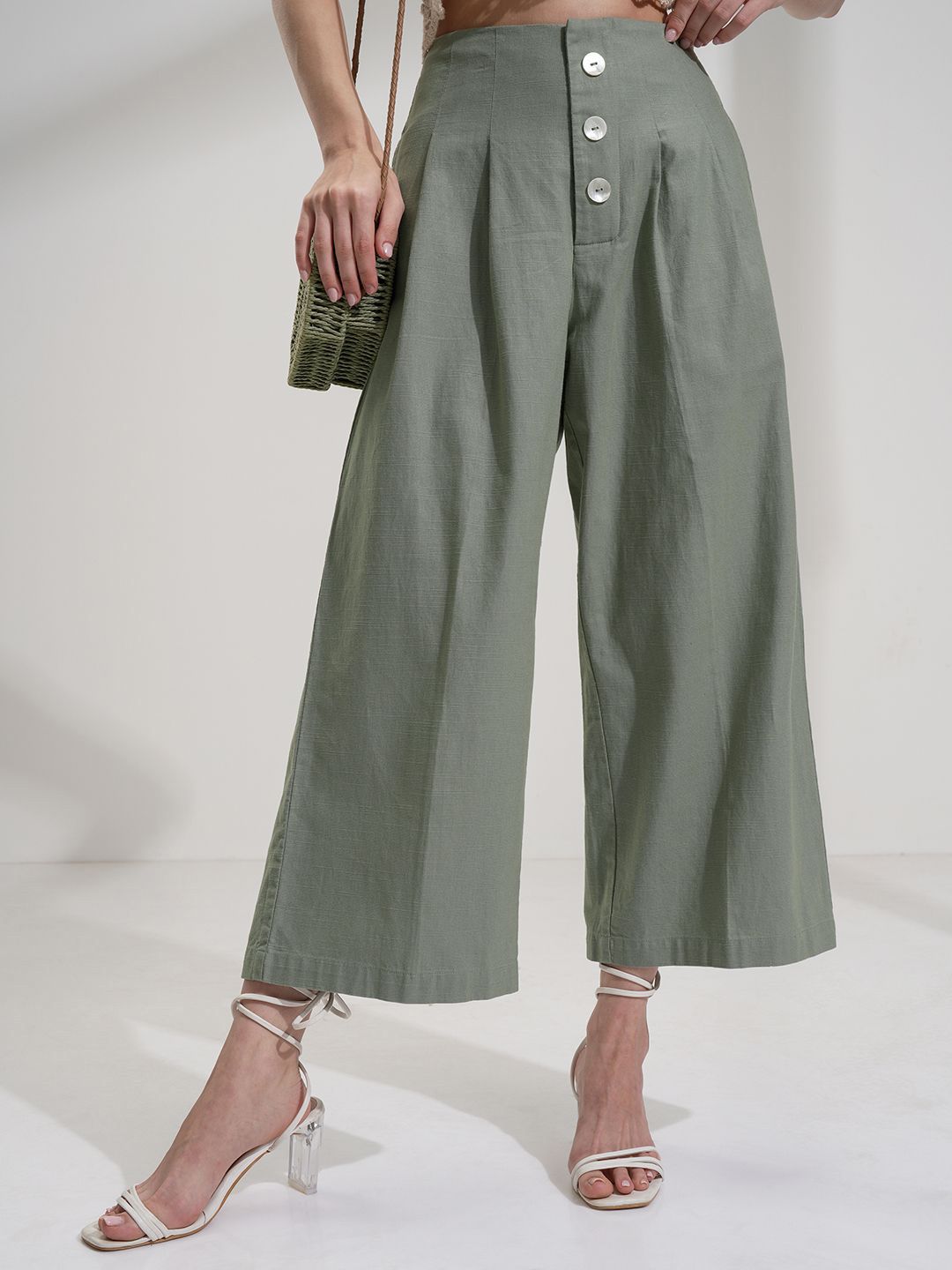 Buy Tokyo Talkies Women Solid Linen Pleated Wideleg Trouser