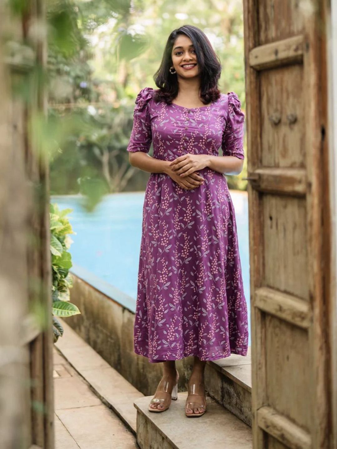 HAY HAY Women Floral Printed Puff Sleeves Fit & Flare Maxi Dress