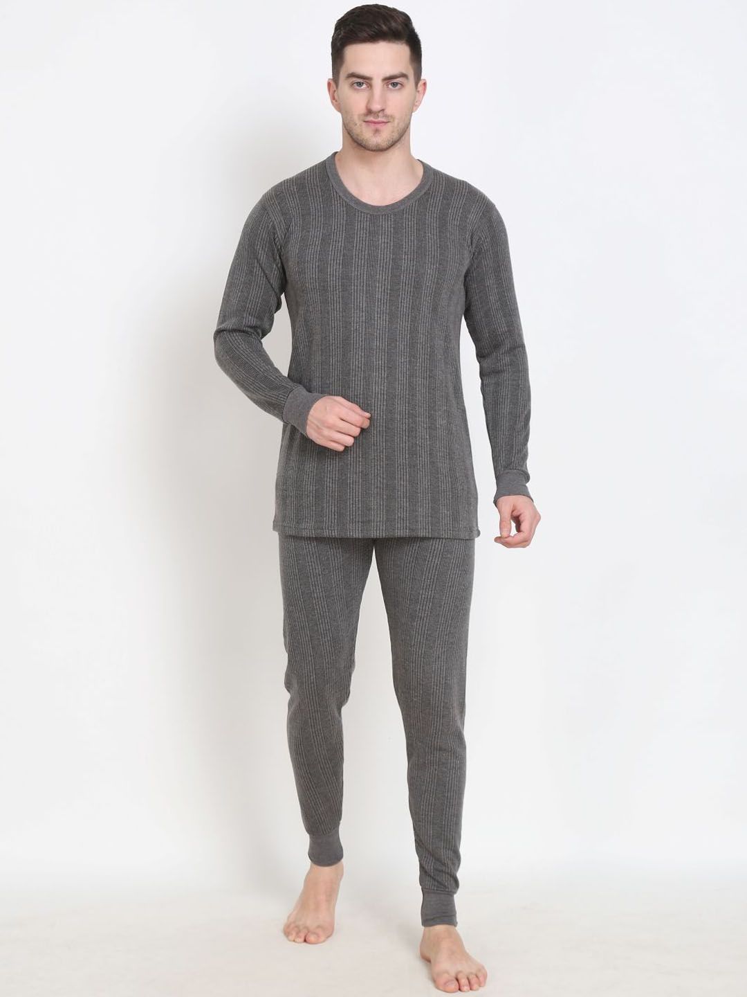 TOUCH WOOL Men Striped Cotton Thermal Set