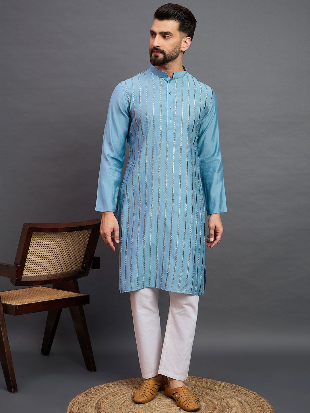 House of Pataudi Geometric Embroidered Sequinned Mandarin Collar Straight Kurtas