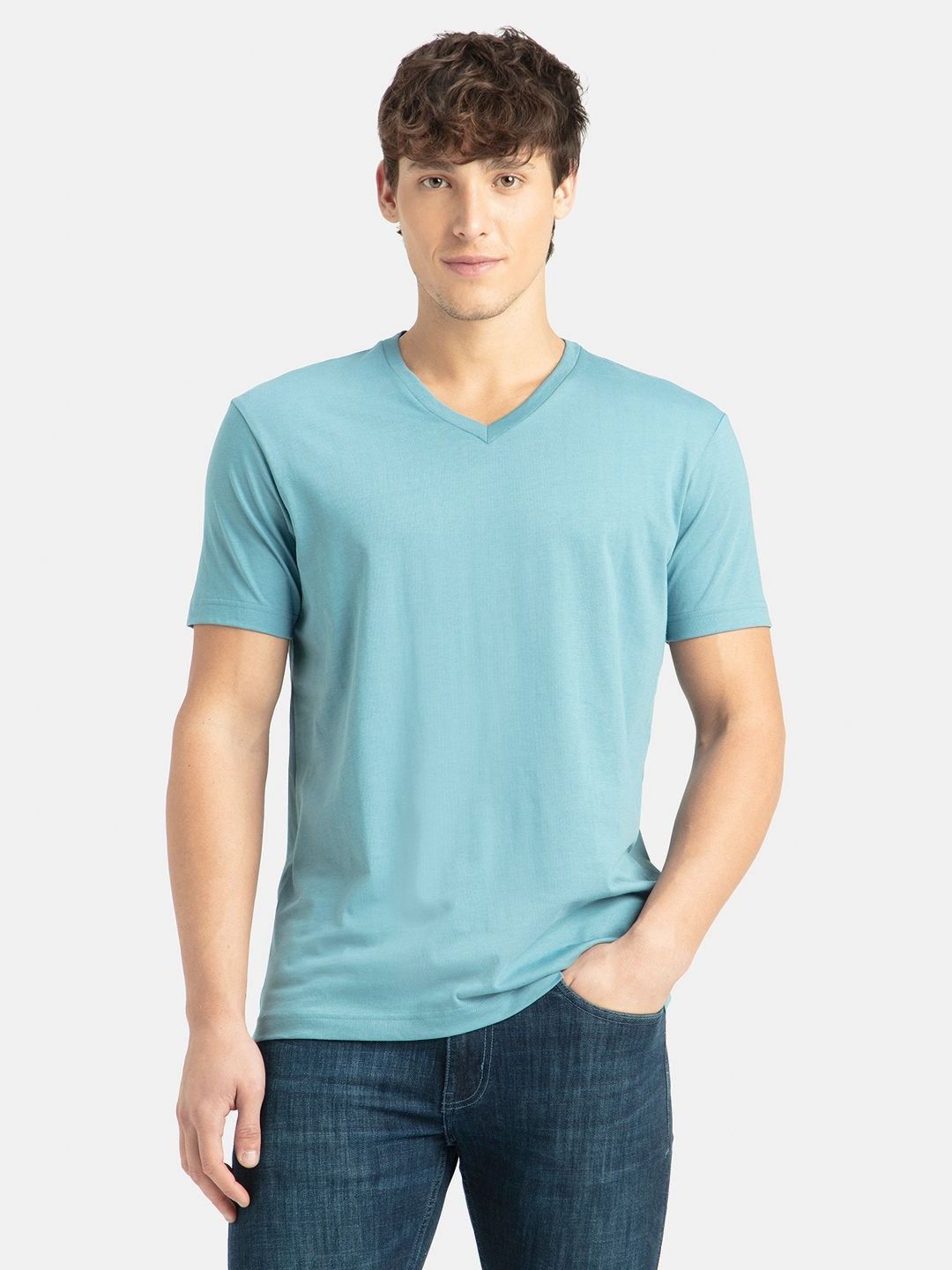 Jockey Super Combed Cotton Rich Solid V Neck Half Sleeve Tshirt-2726