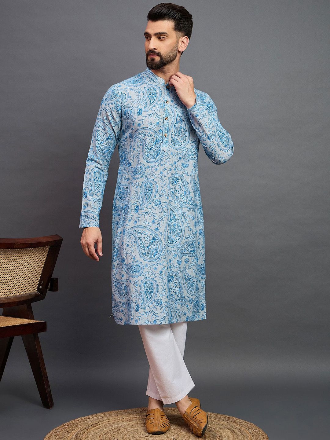 House of Pataudi Floal Printed Mandarin Collar Pure Cotton Straight Kurta