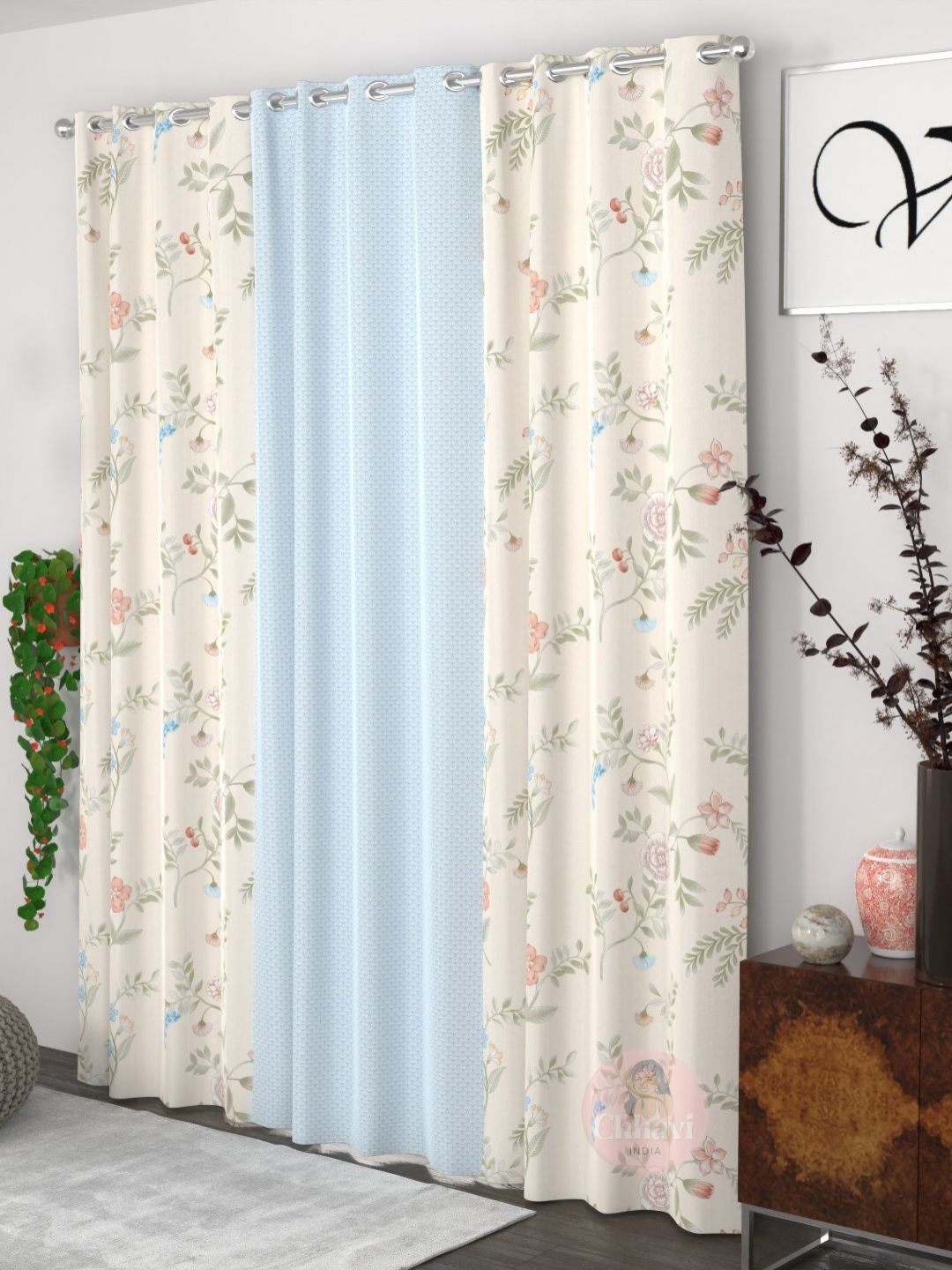 CHHAVI INDIA CHHAVI INDIA Beige & Blue 3 Pieces Floral Door Curtain