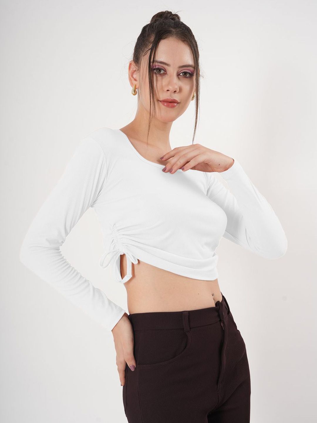 Buy clobug Women Solid Square Neck Full Sleeve Fitted Crop Top